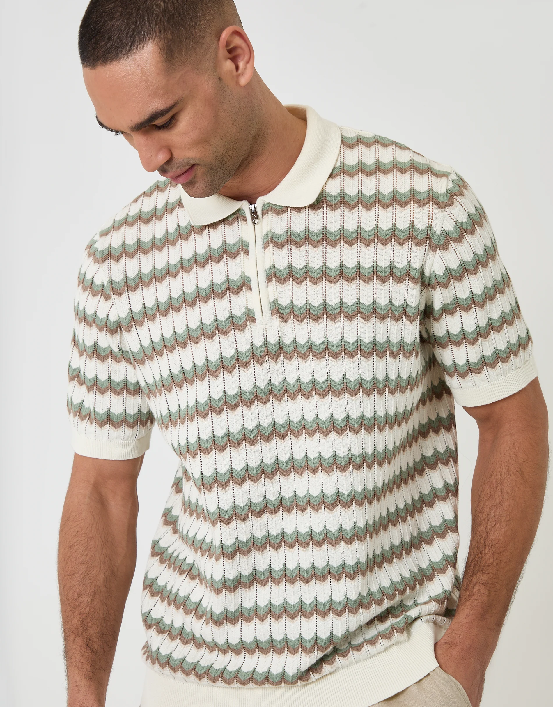 Herringbone Knitted Quarter Zip Polo in Ecru Stripe - Image 4