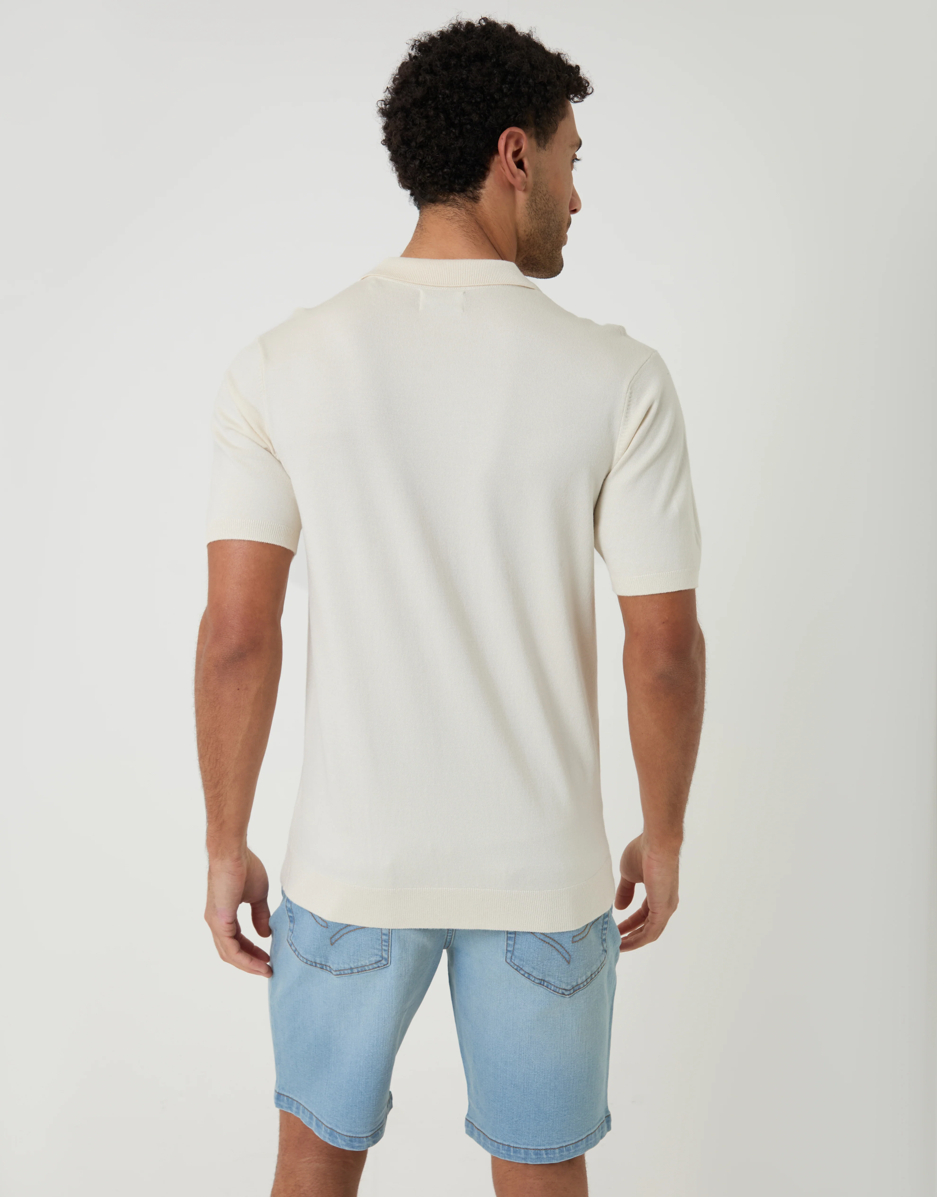 Knitted Trophy Neck Polo in Ecru - Image 2