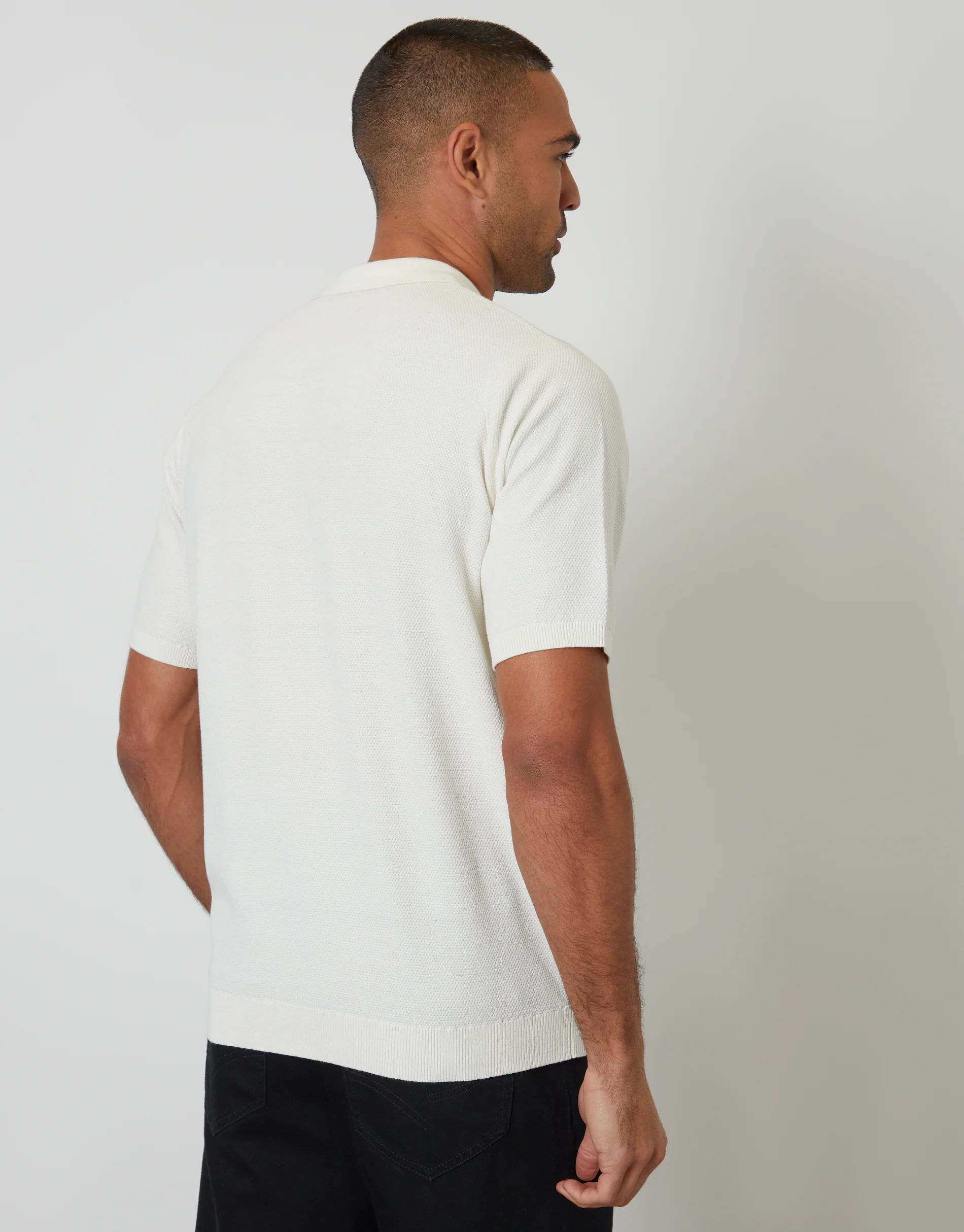Moss Stitch Knitted Polo in Ecru - Image 2
