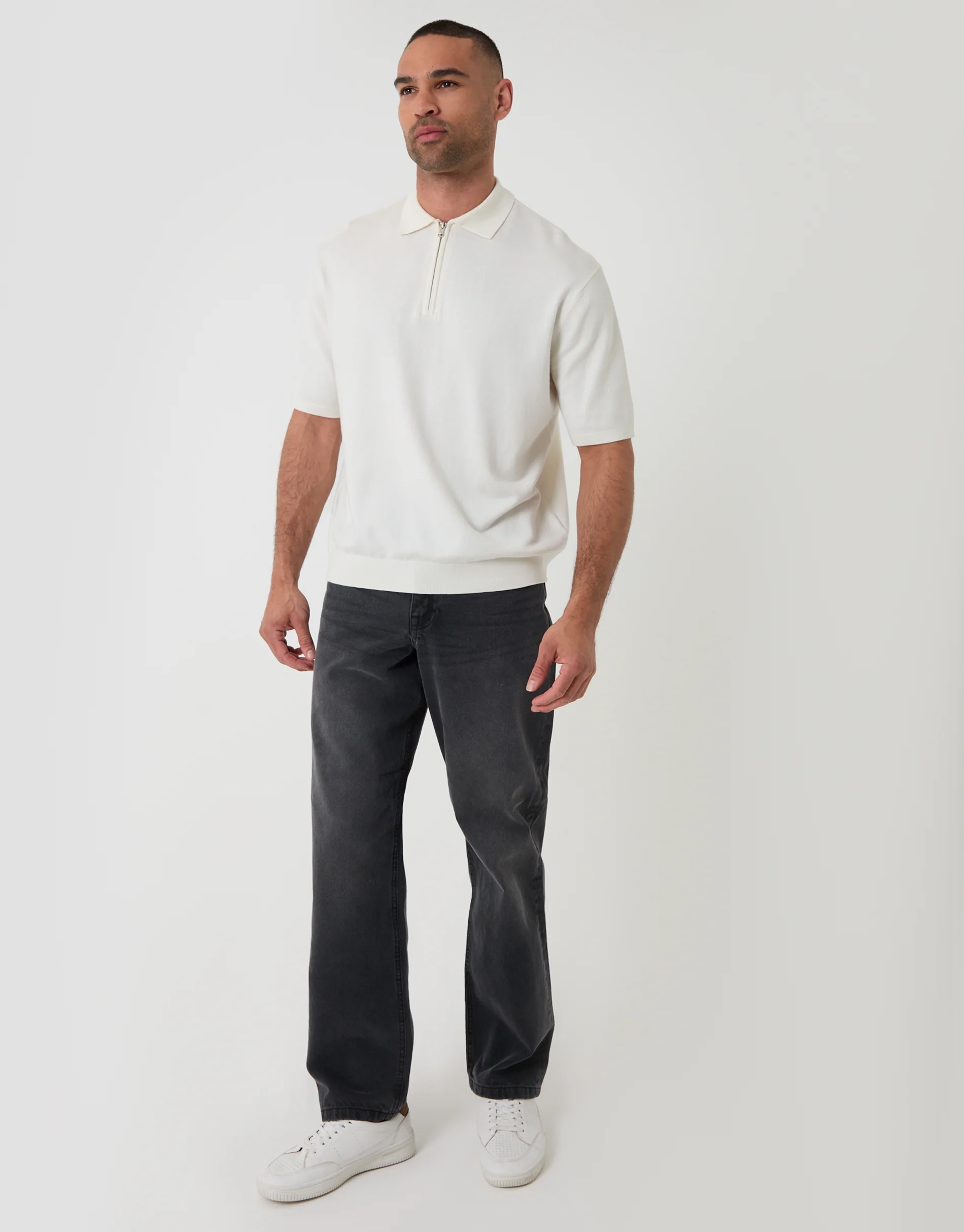 Relaxed Fit Knitted Quarter Zip Polo in Ecru - Image 3