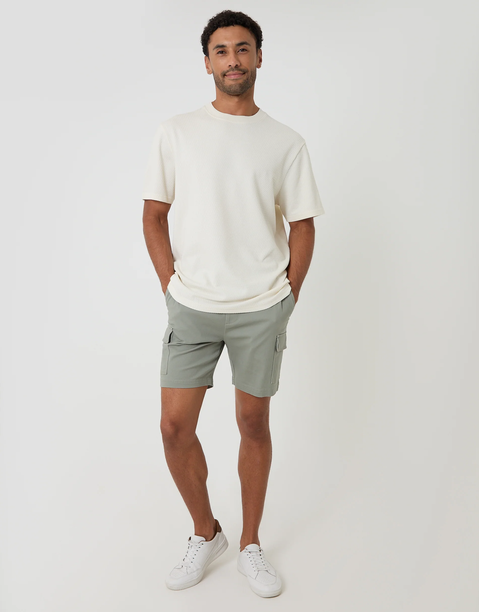 Relaxed Fit Textured Crew Neck T-Shirt in Ecru - Image 3
