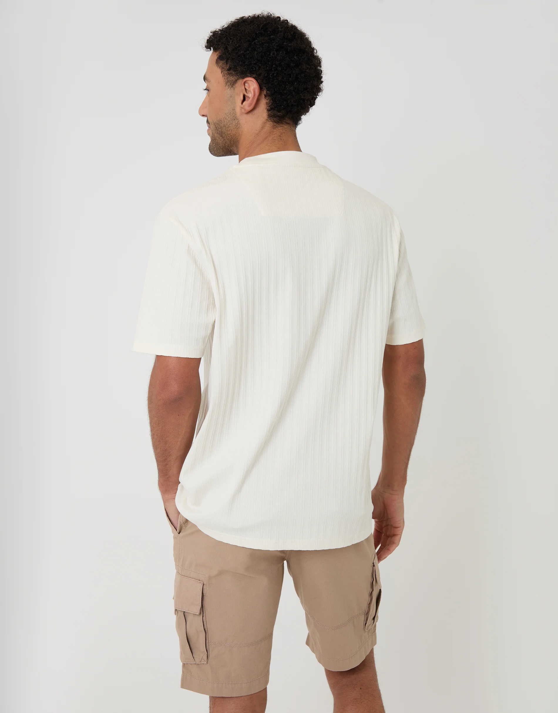 Relaxed Fit Textured Rib Stretch Cotton T-Shirt in Ecru - Image 2