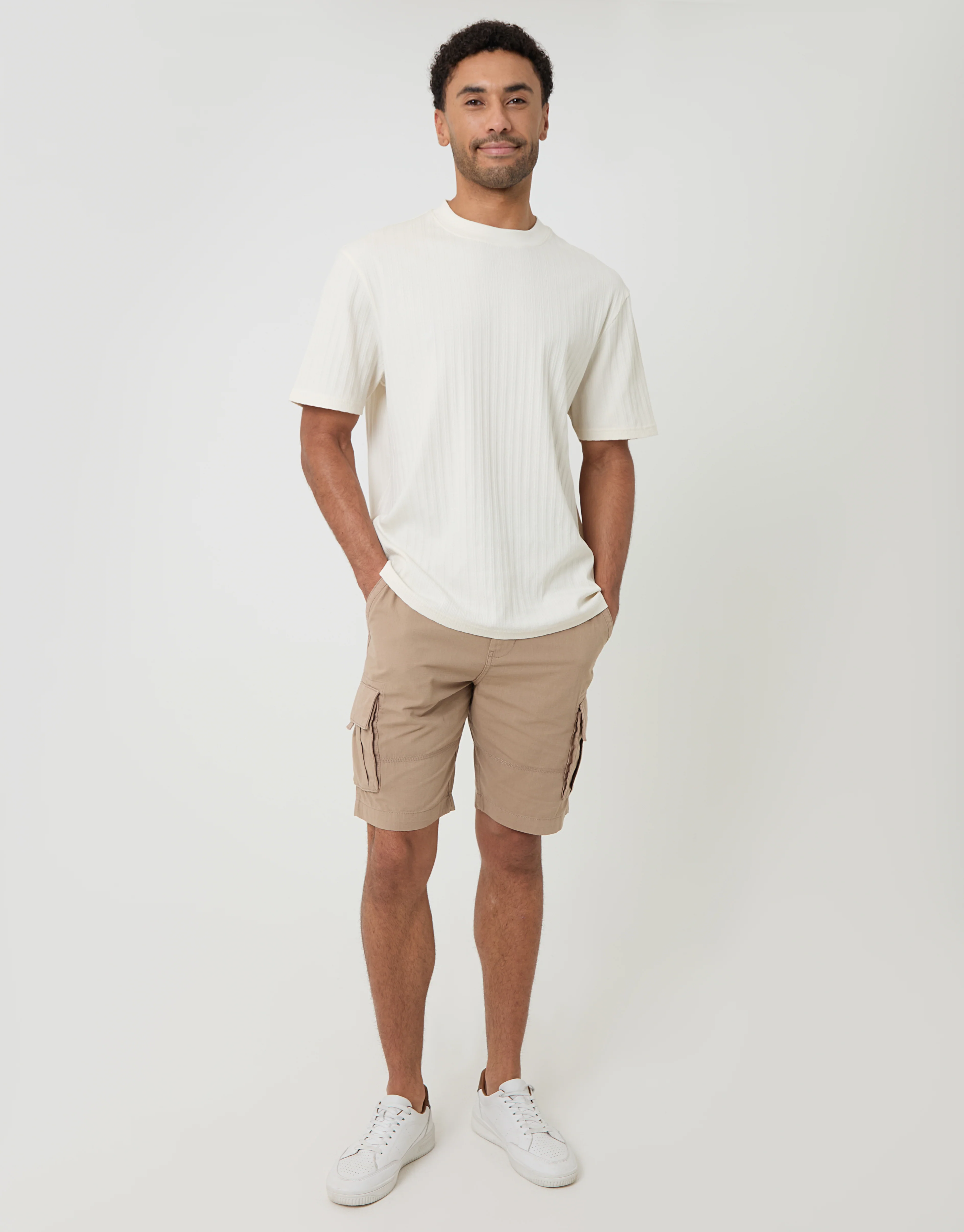 Relaxed Fit Textured Rib Stretch Cotton T-Shirt in Ecru - Image 3