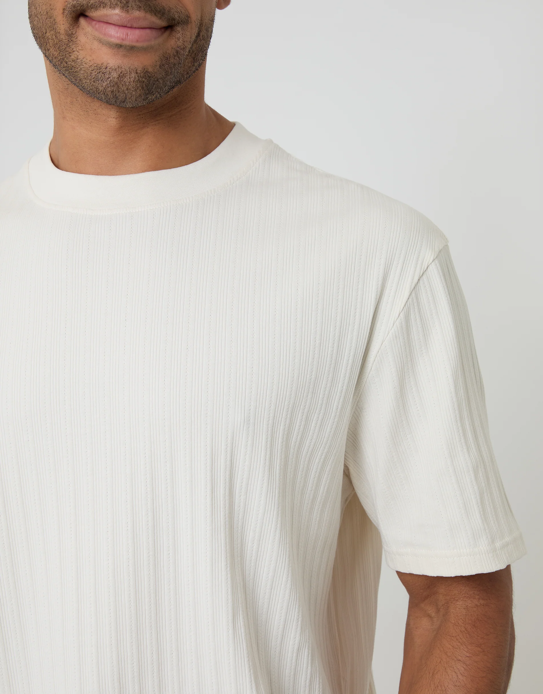 Relaxed Fit Textured Rib Stretch Cotton T-Shirt in Ecru - Image 4