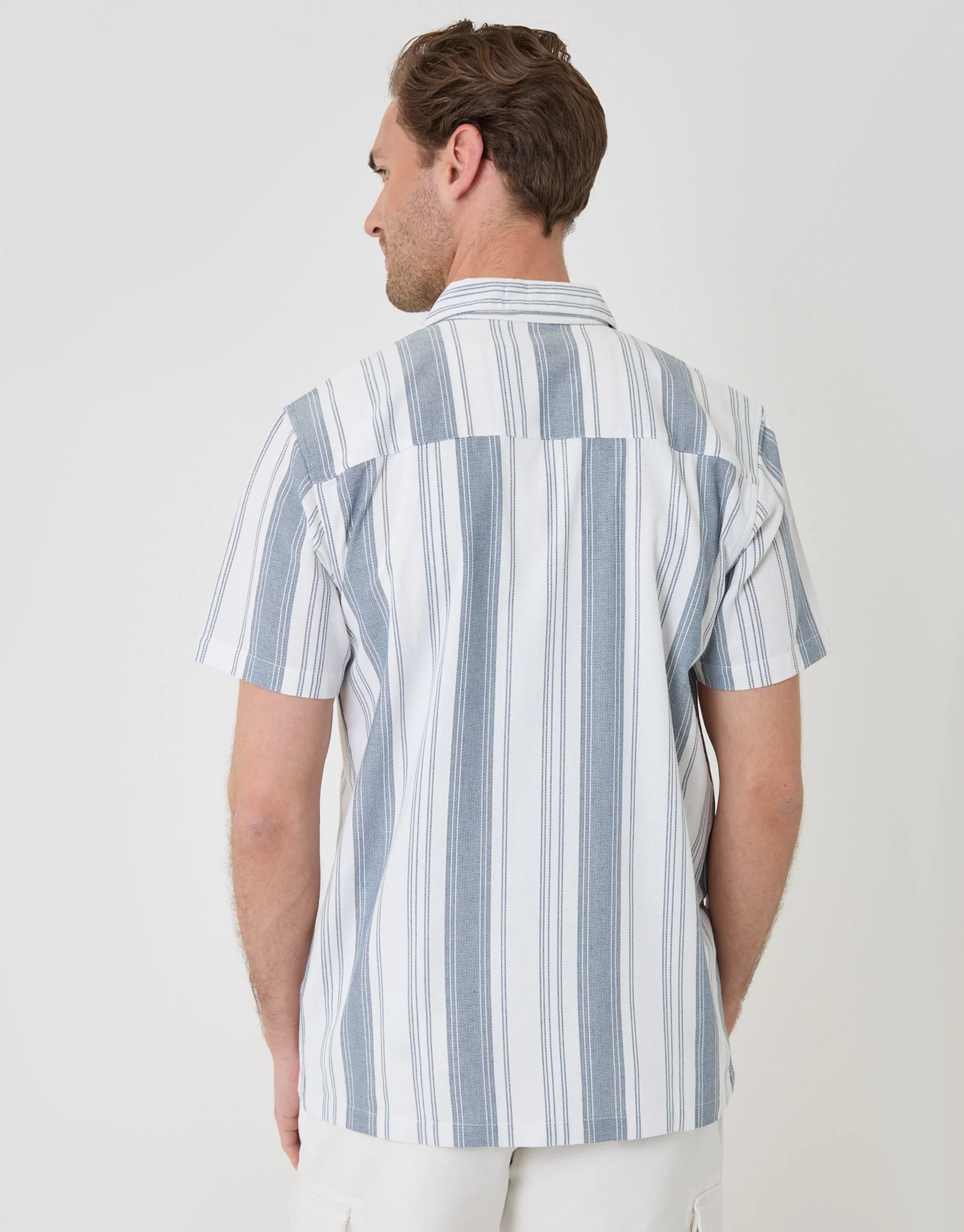 Knitted Cotton Blend Short Sleeve Shirt in Ecru Stripe - Image 3