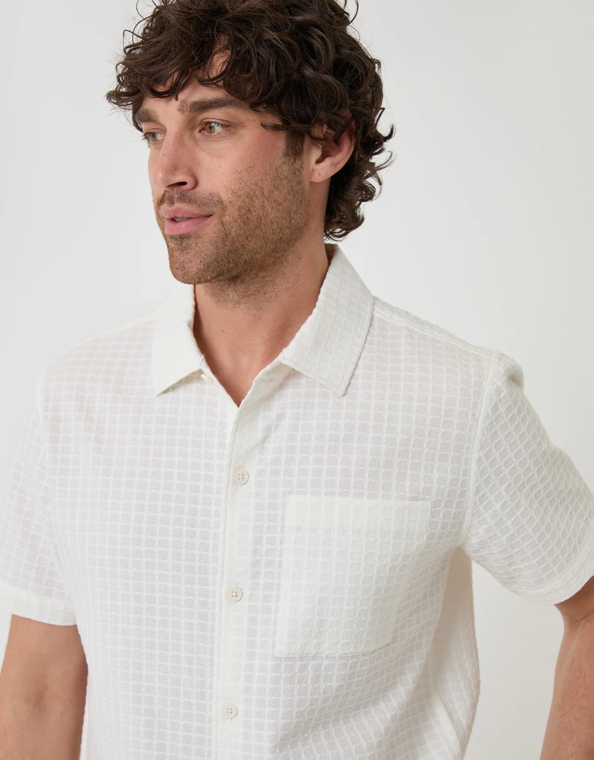 Textured Cotton Short Sleeve Shirt in Ecru - Image 4