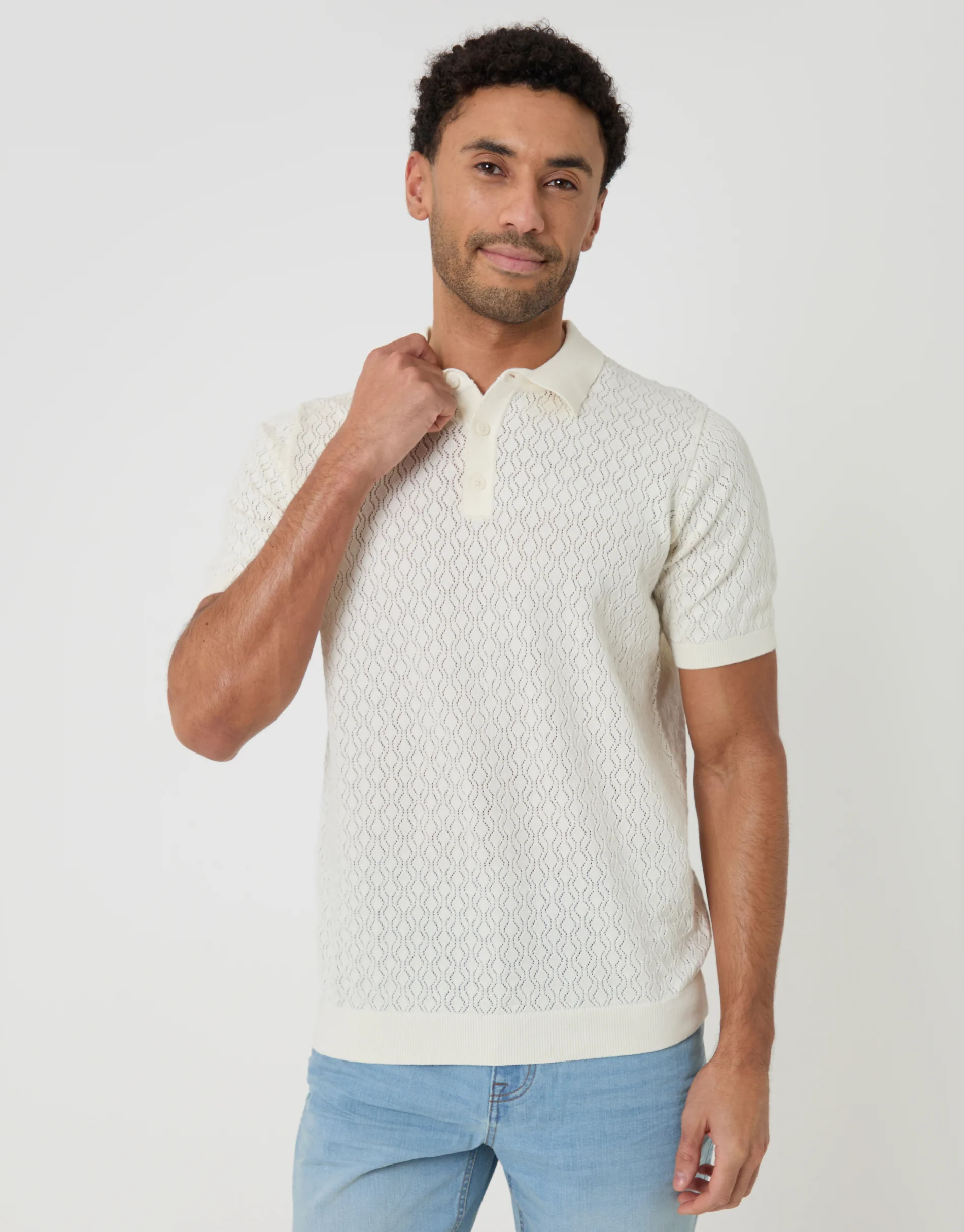 Textured Knit Short Sleeve Polo in Ecru