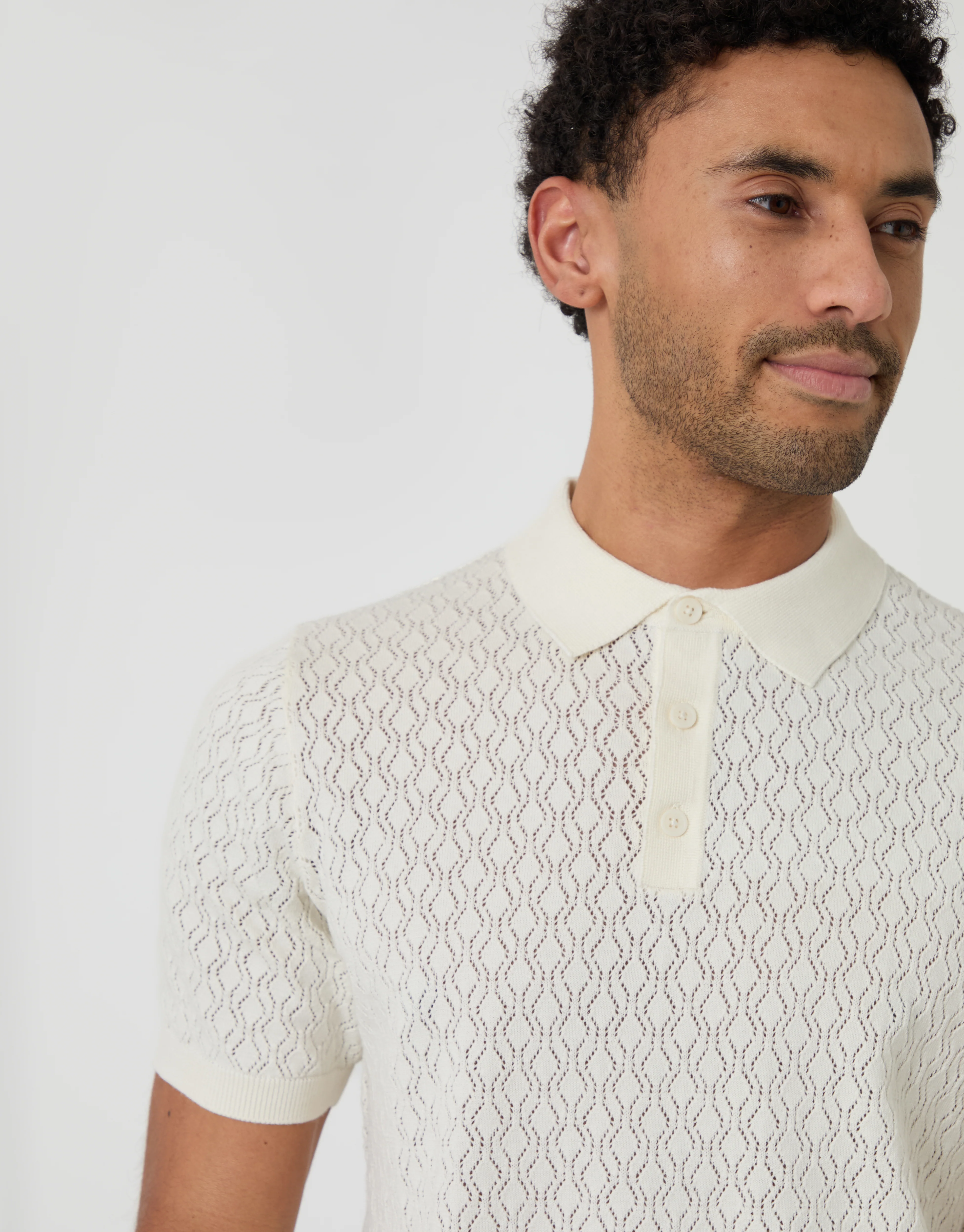 Textured Knit Short Sleeve Polo in Ecru - Image 3