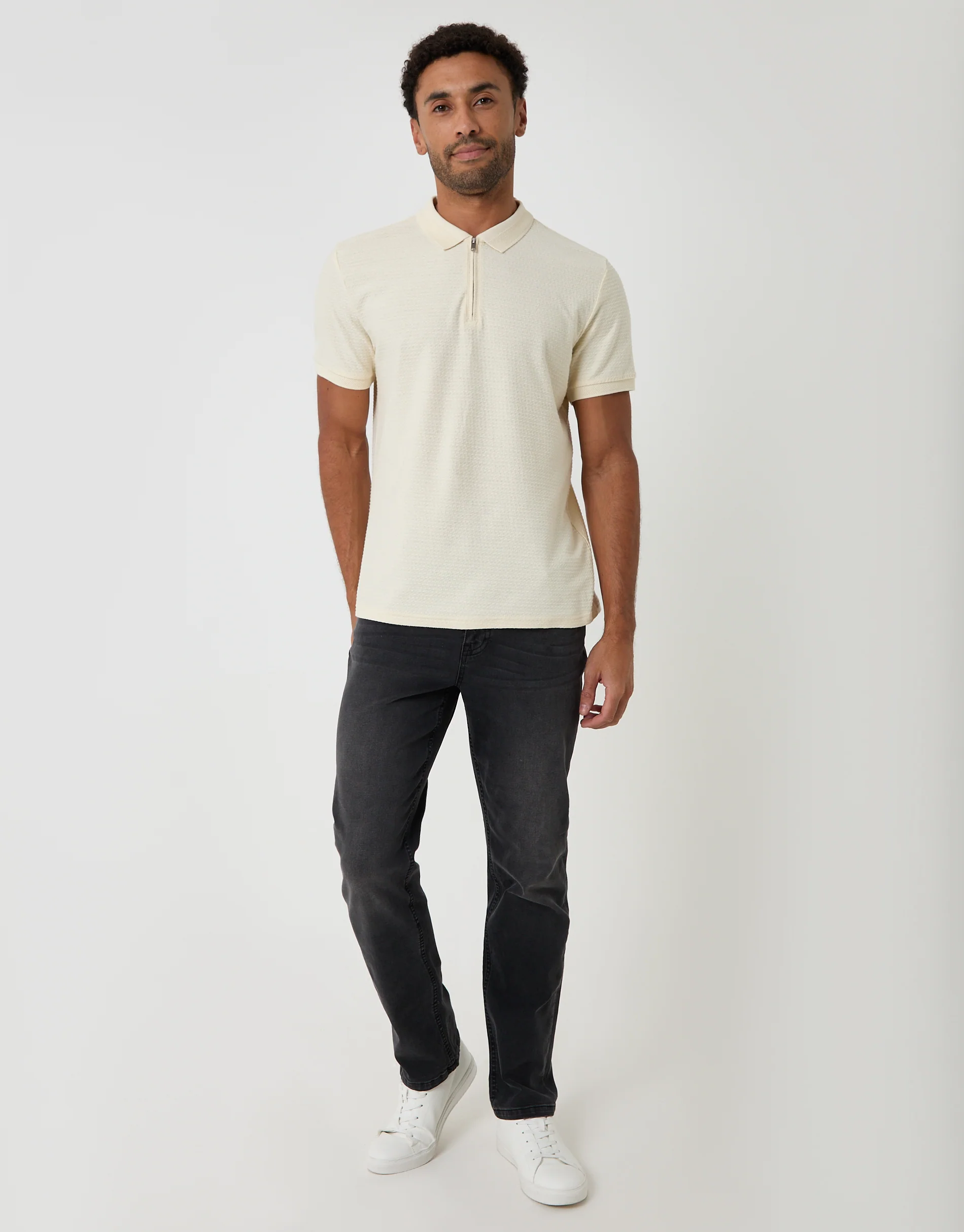 Textured Quarter Zip Polo Shirt in Ecru - Image 3