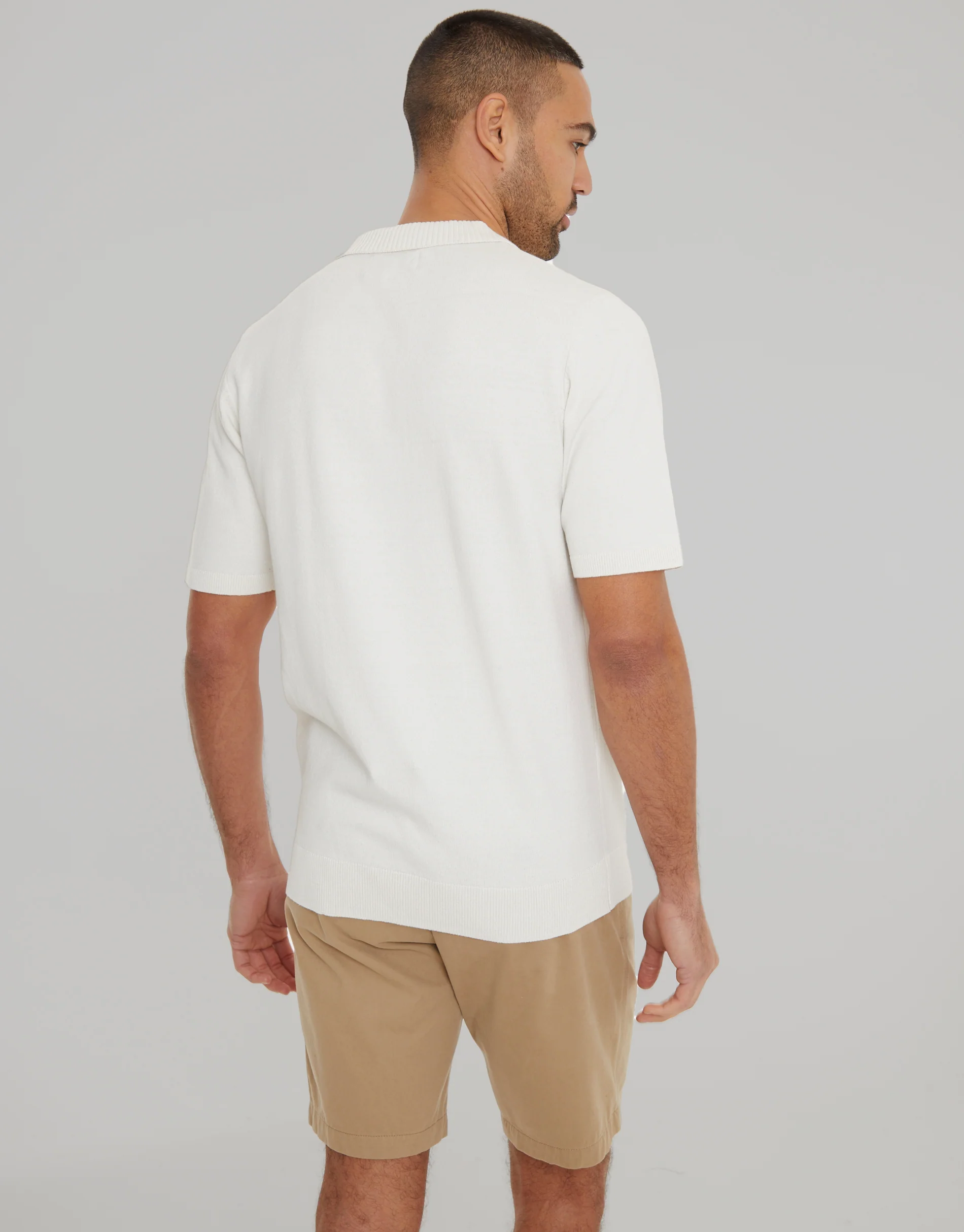 Trophy Neck Knitted Polo in Ecru - Image 2