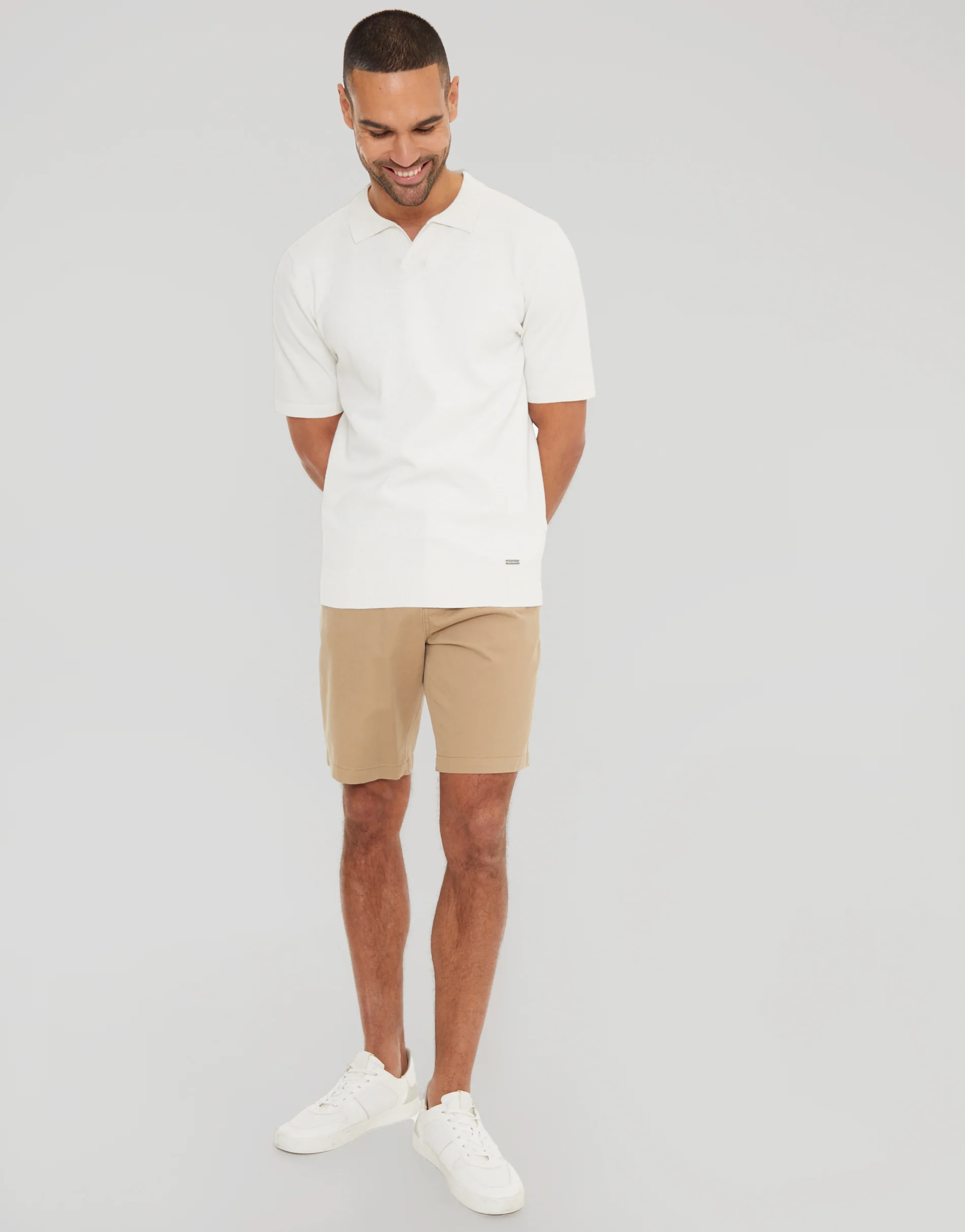 Trophy Neck Knitted Polo in Ecru - Image 3