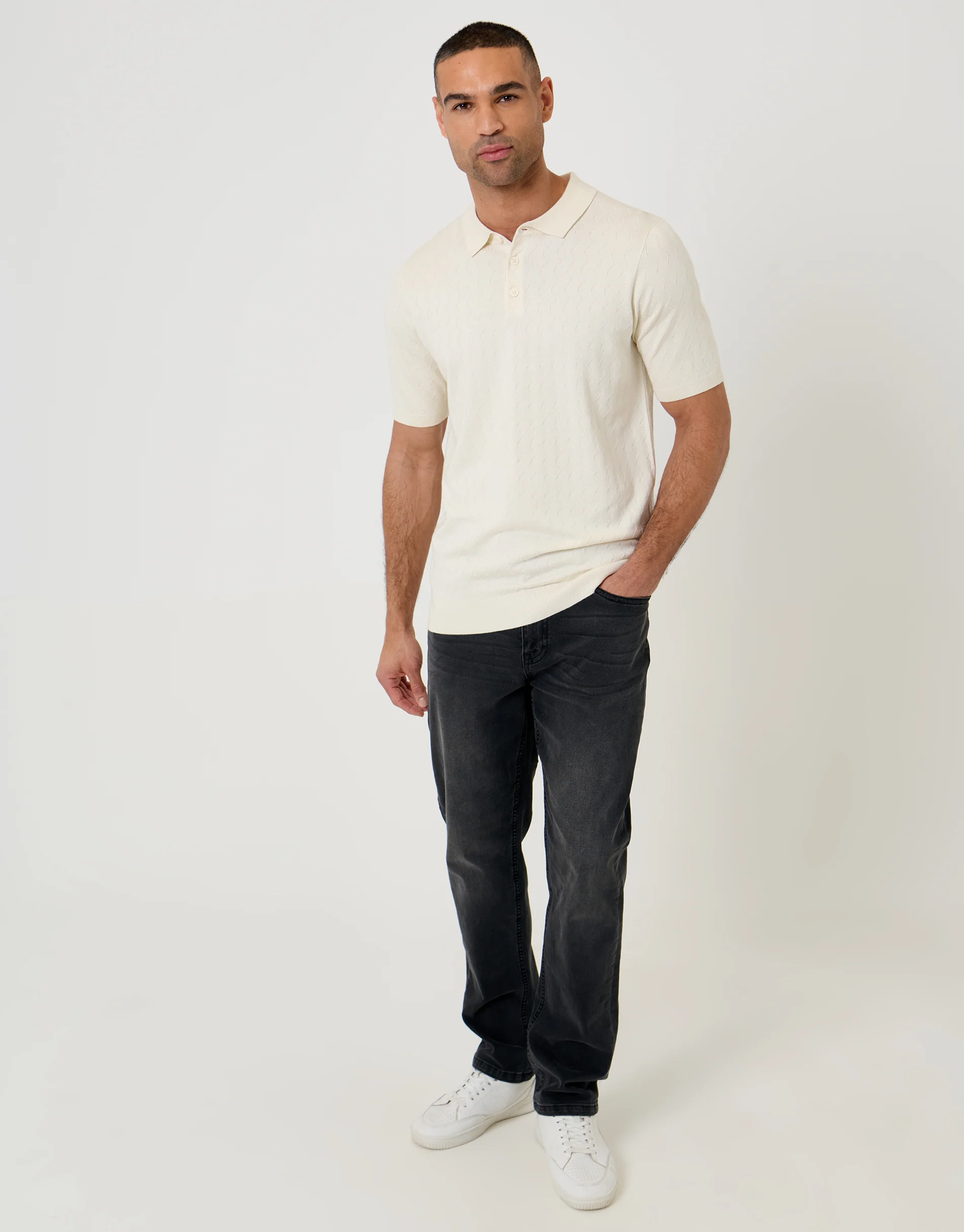 Zig Zag Stitch Knitted Polo in Ecru - Image 3