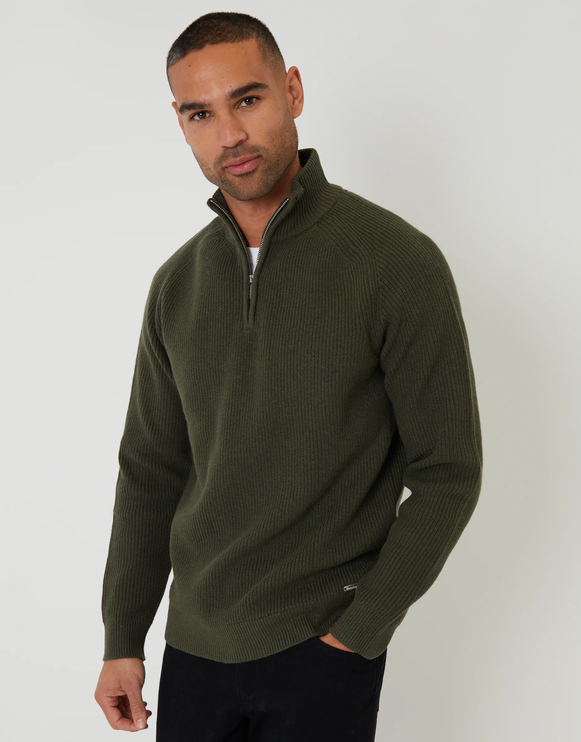 Rib Panel Quarter Zip Knitted Jumper in Forest Green