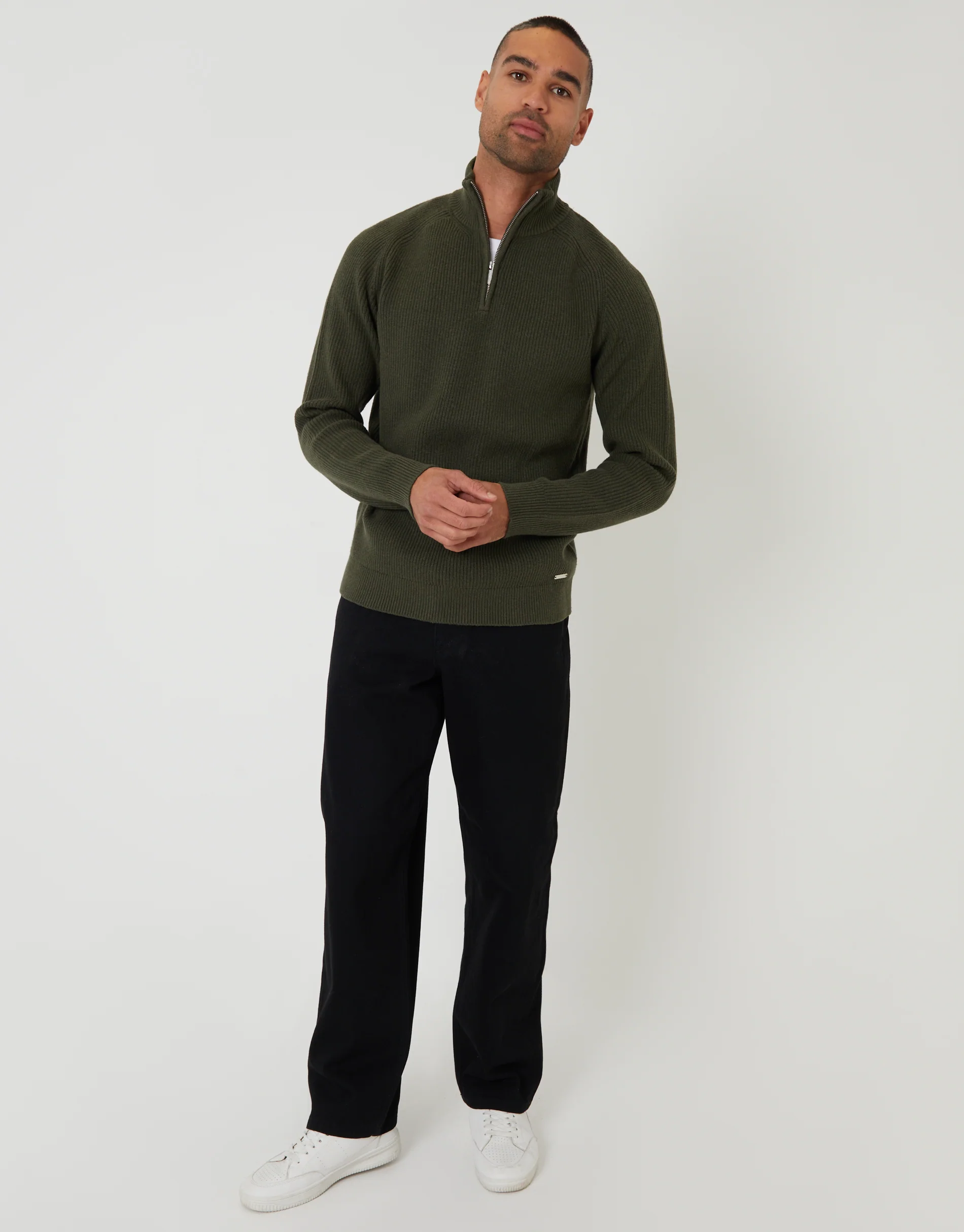 Rib Panel Quarter Zip Knitted Jumper in Forest Green - Image 3