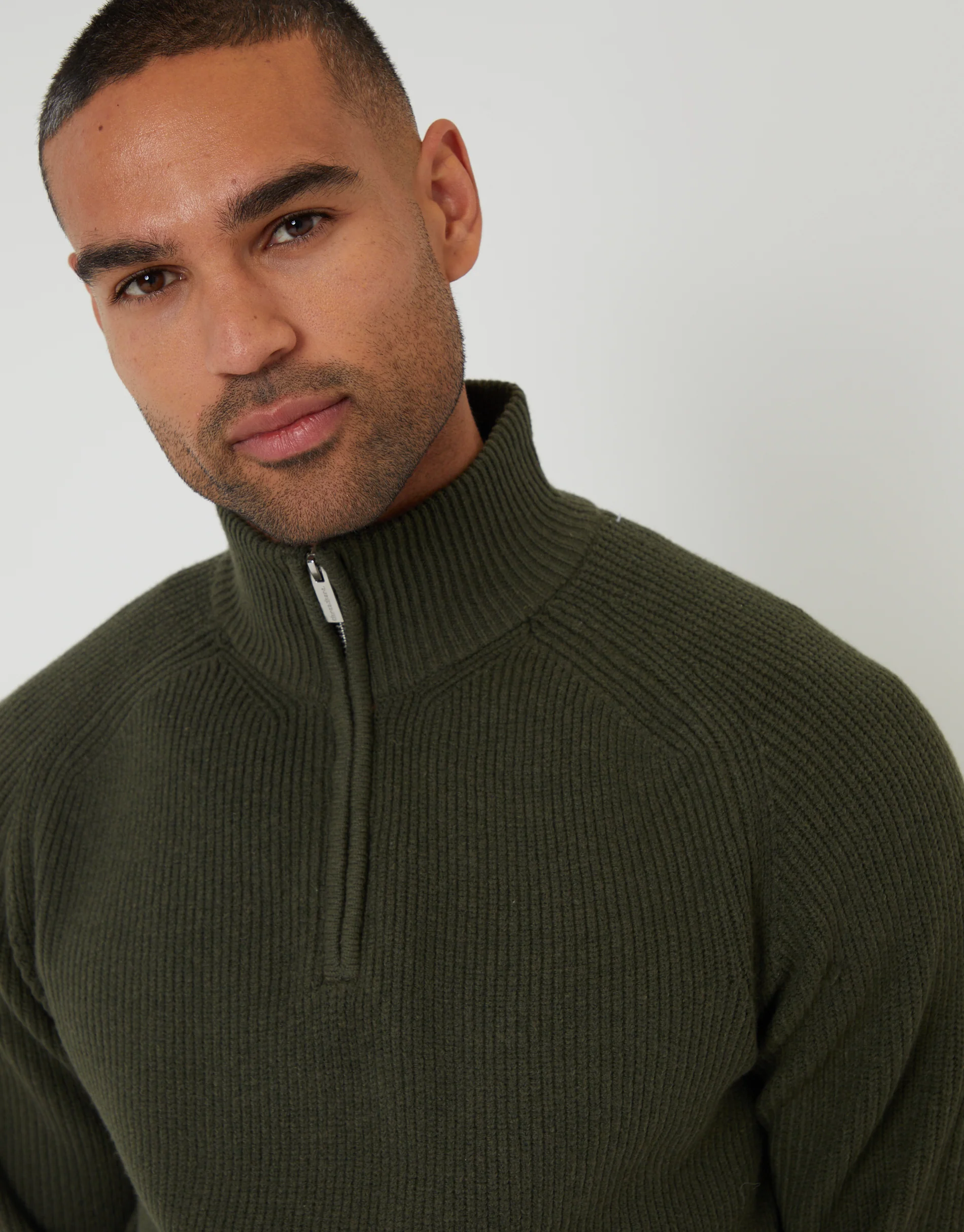 Rib Panel Quarter Zip Knitted Jumper in Forest Green - Image 4
