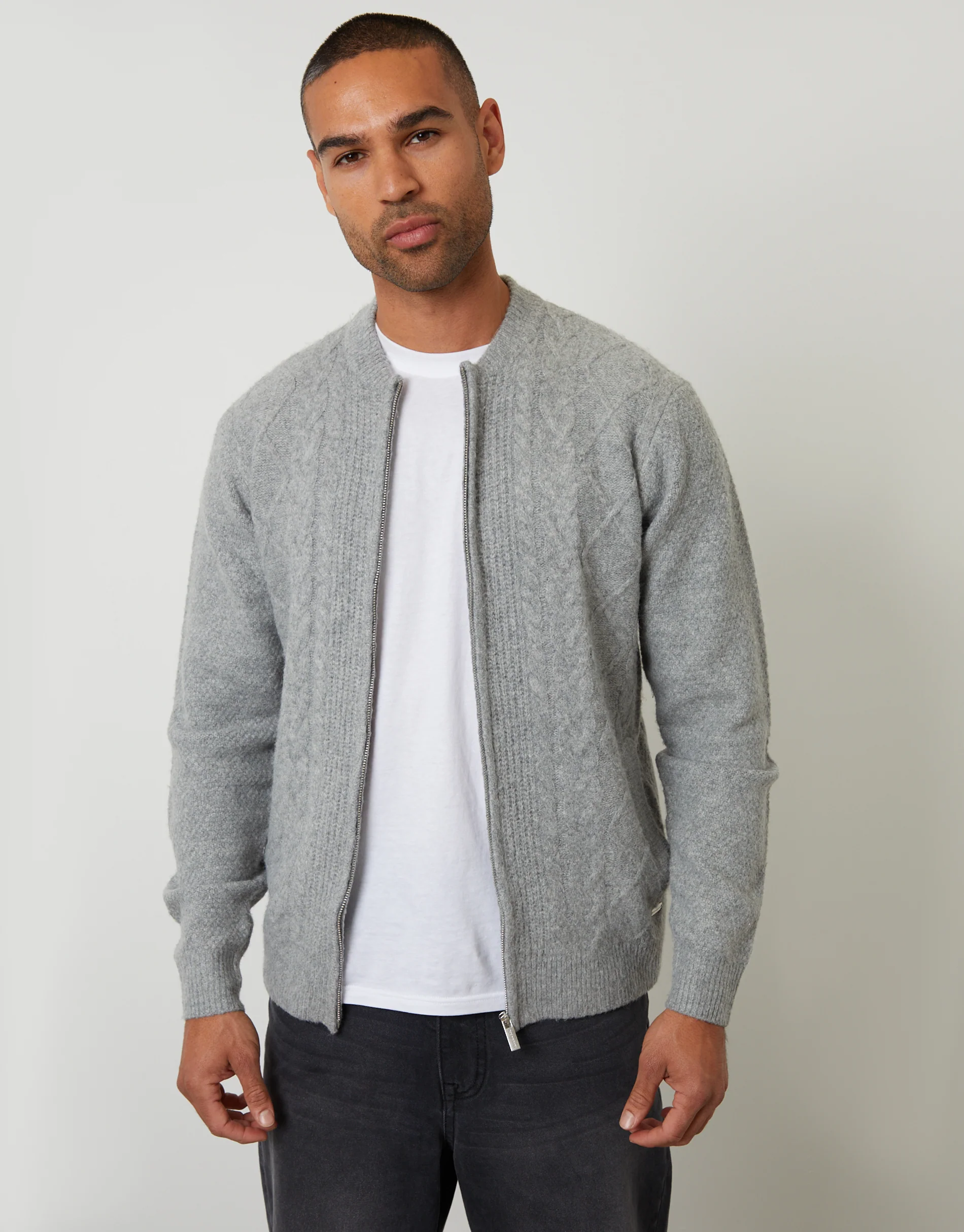 Bomber-Style Cable Knit Zip Through Cardigan in Grey - Image 2