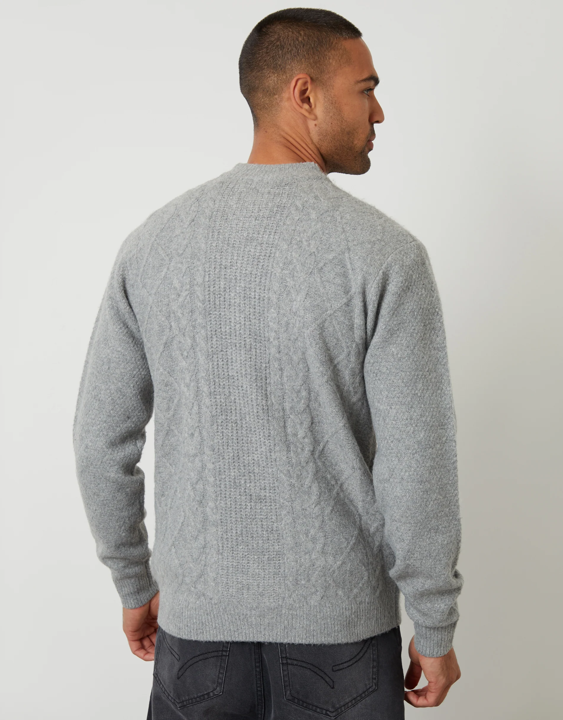Bomber-Style Cable Knit Zip Through Cardigan in Grey - Image 3