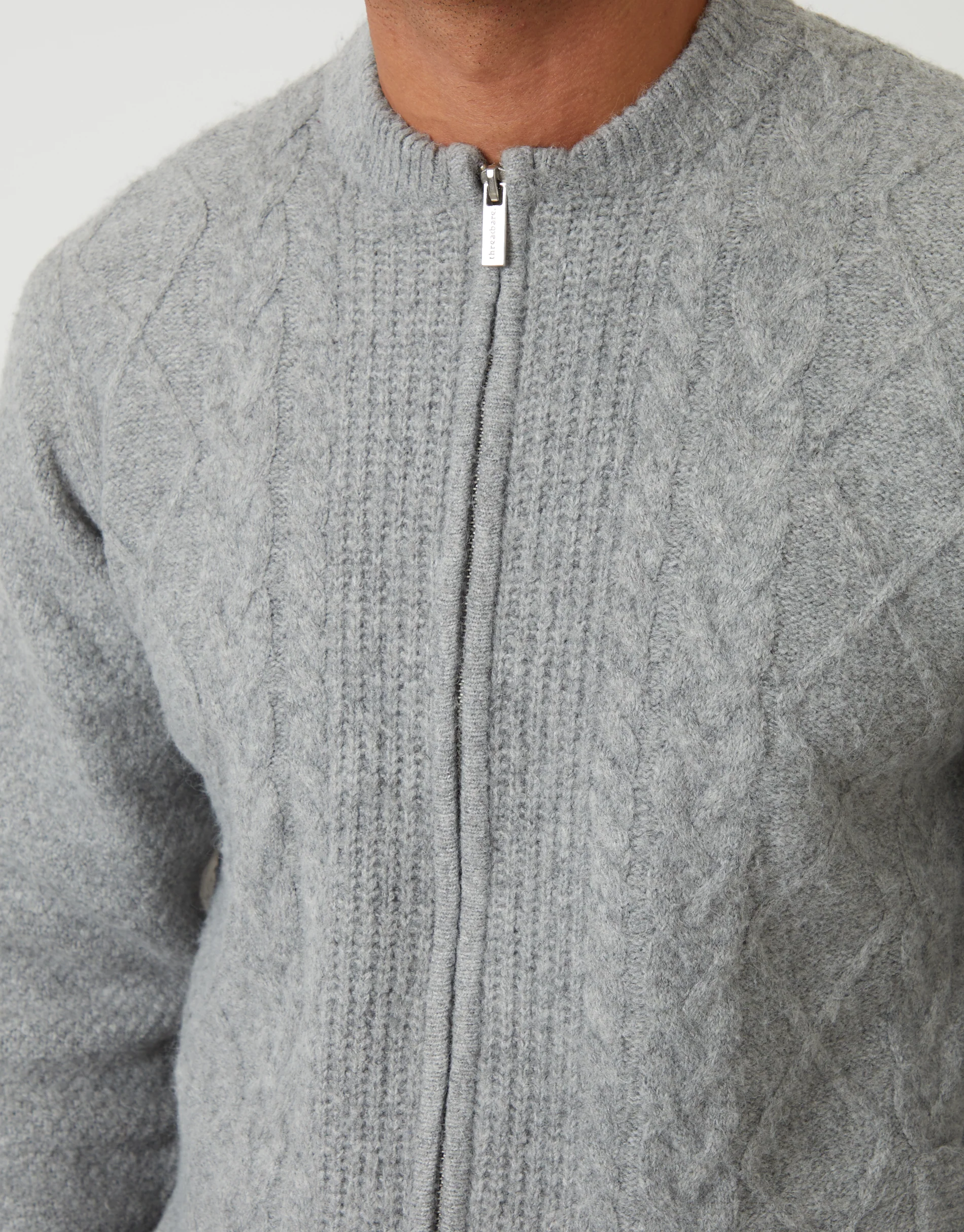 Bomber-Style Cable Knit Zip Through Cardigan in Grey - Image 5