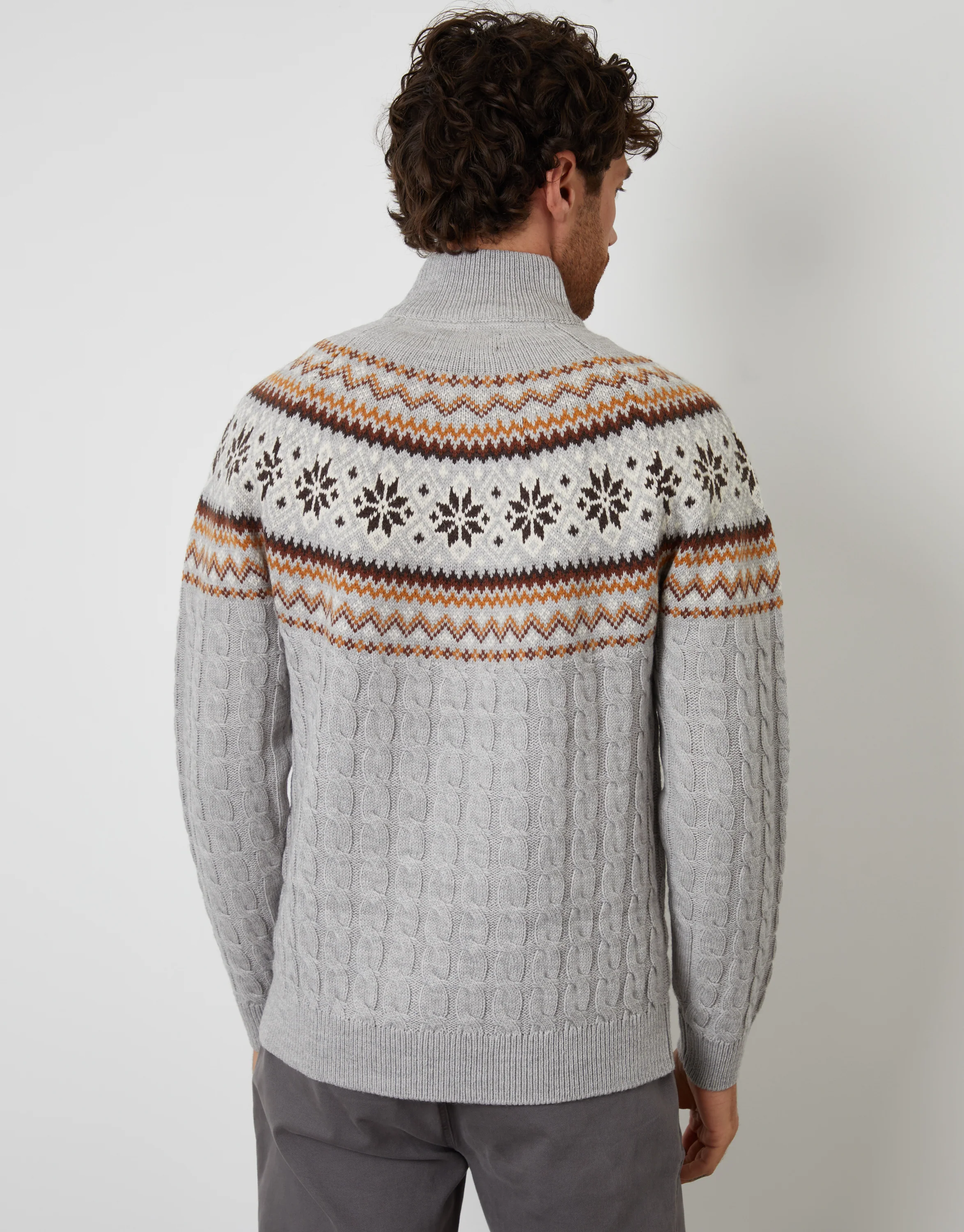 Fairisle Cable Knit Quarter Zip Jumper in Grey - Image 3
