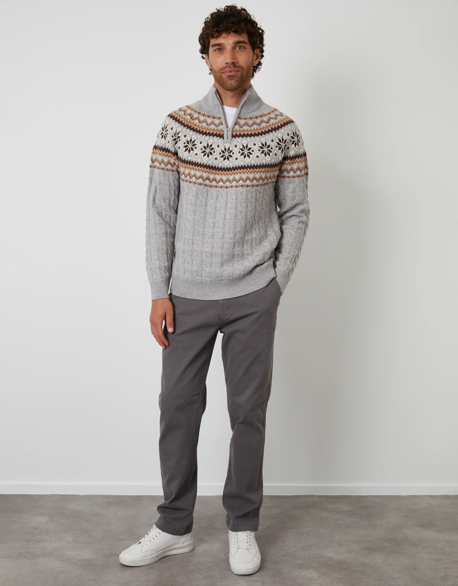 Fairisle Cable Knit Quarter Zip Jumper in Grey - Image 4