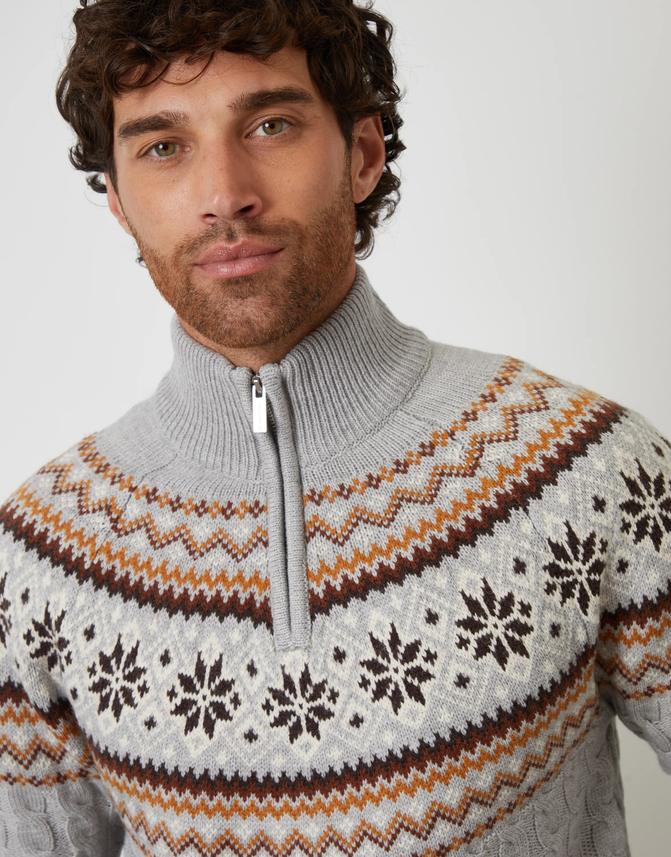 Fairisle Cable Knit Quarter Zip Jumper in Grey - Image 5