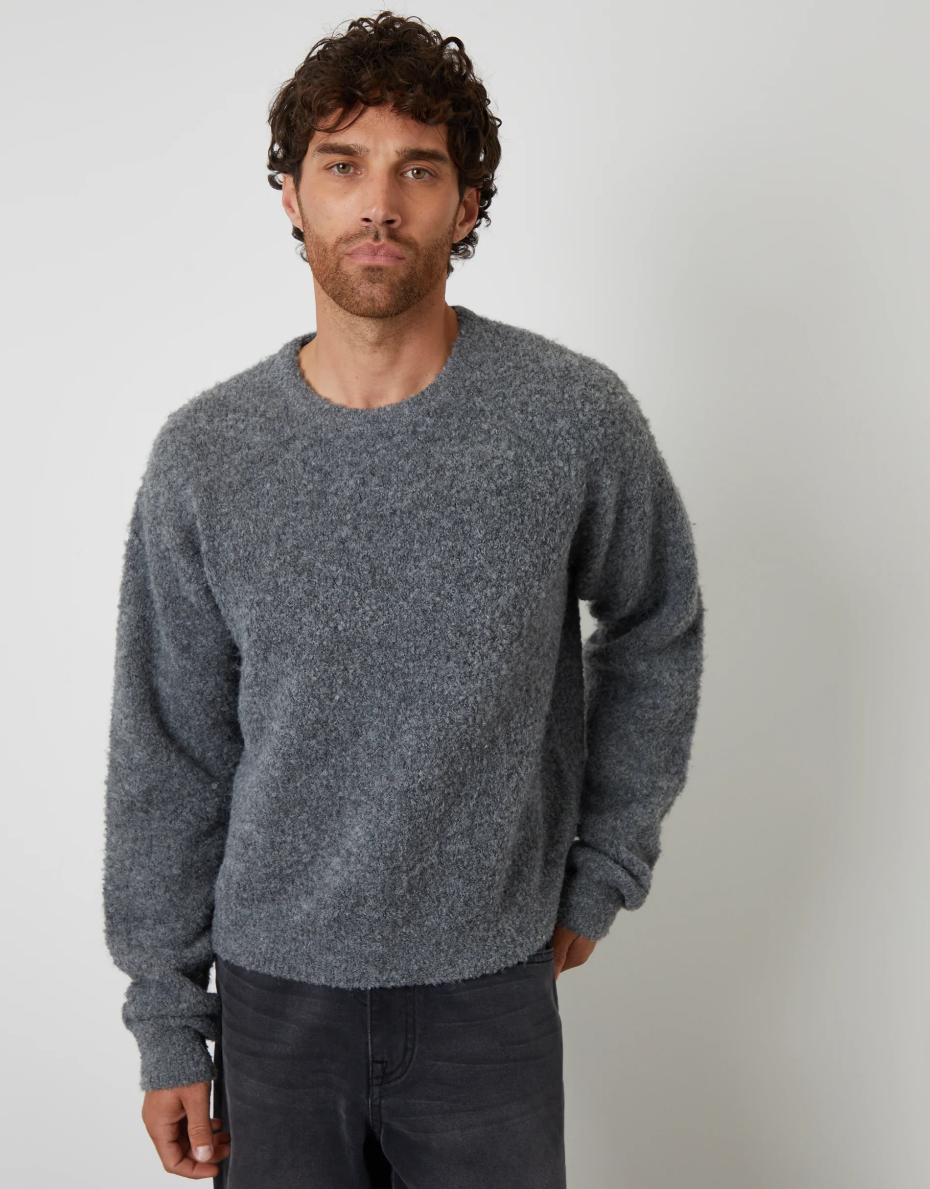 Fluffy Knit Crew Neck Jumper in Grey