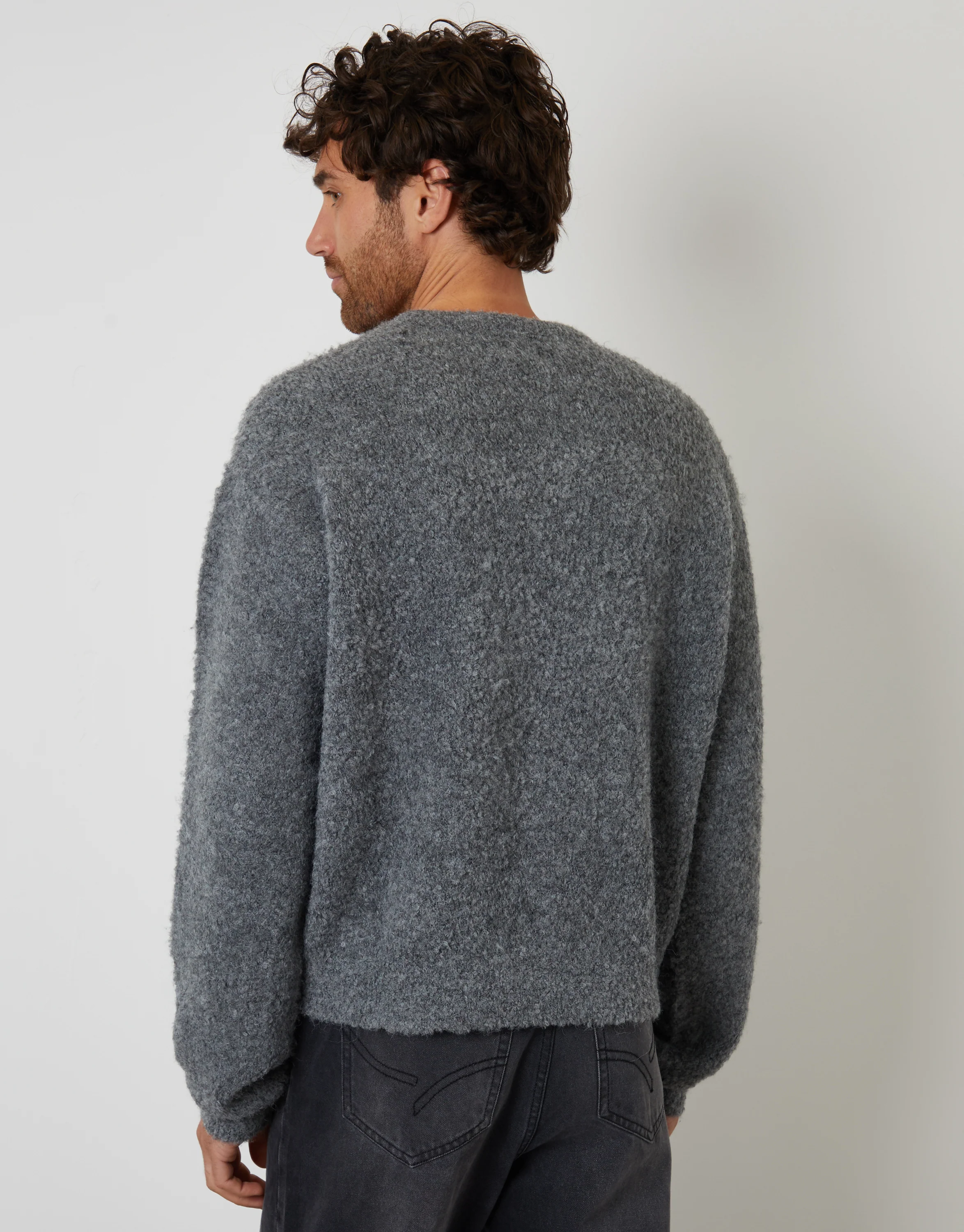 Fluffy Knit Crew Neck Jumper in Grey - Image 2
