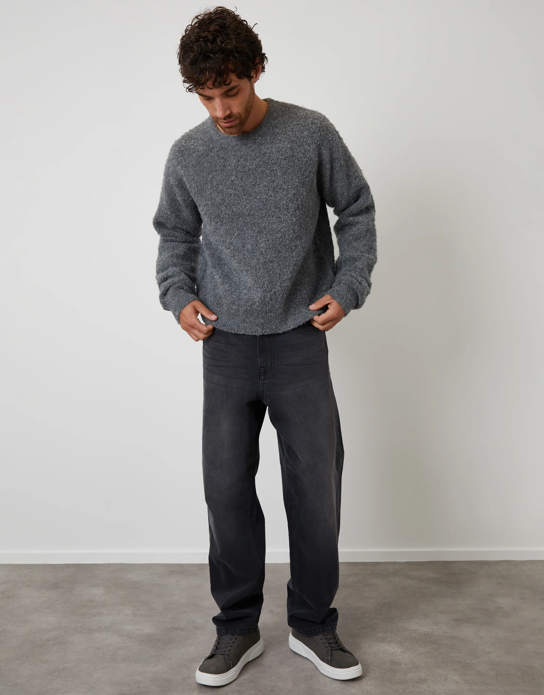 Fluffy Knit Crew Neck Jumper in Grey - Image 3