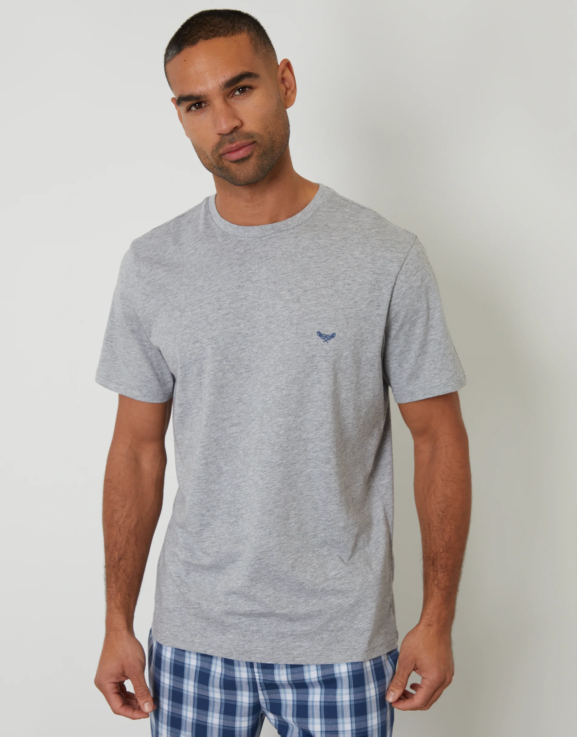 T-Shirt & Cuffed Bottoms Pyjama Set in Grey Marl & Blue Check - Image 2