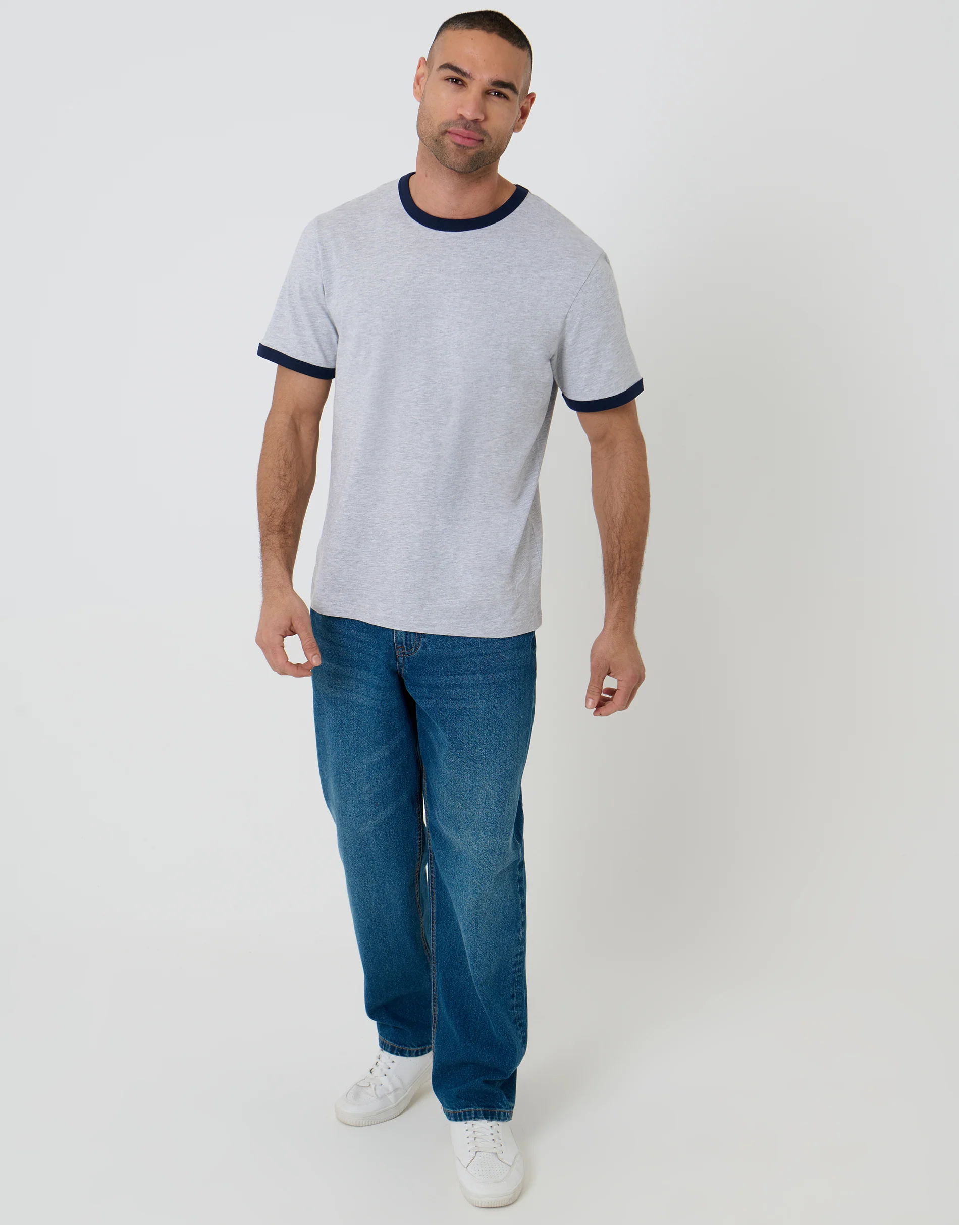 Cotton Ringer T-Shirt in Grey Marl - Image 4
