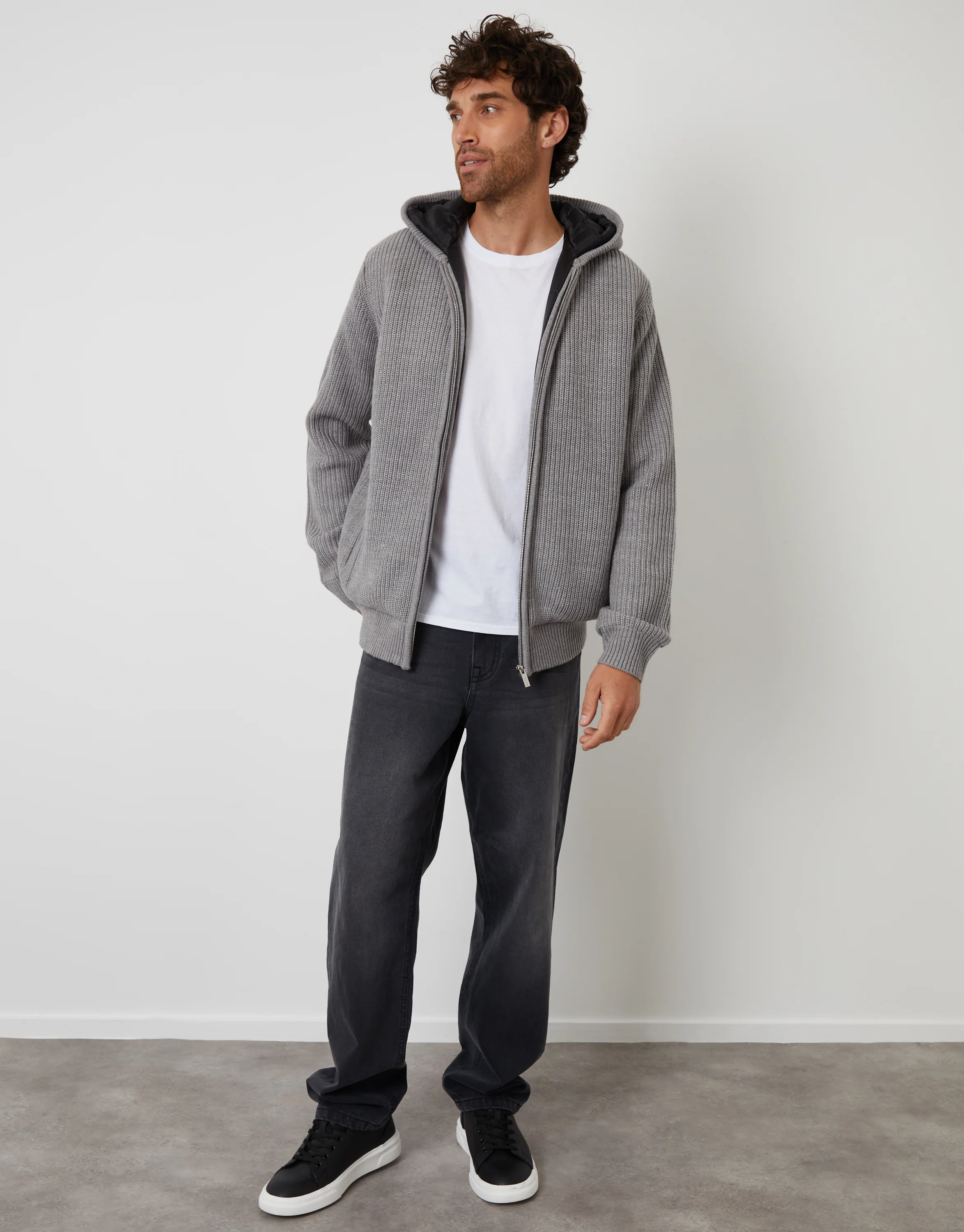 Padded Knitted Jacket in Grey Marl - Image 3