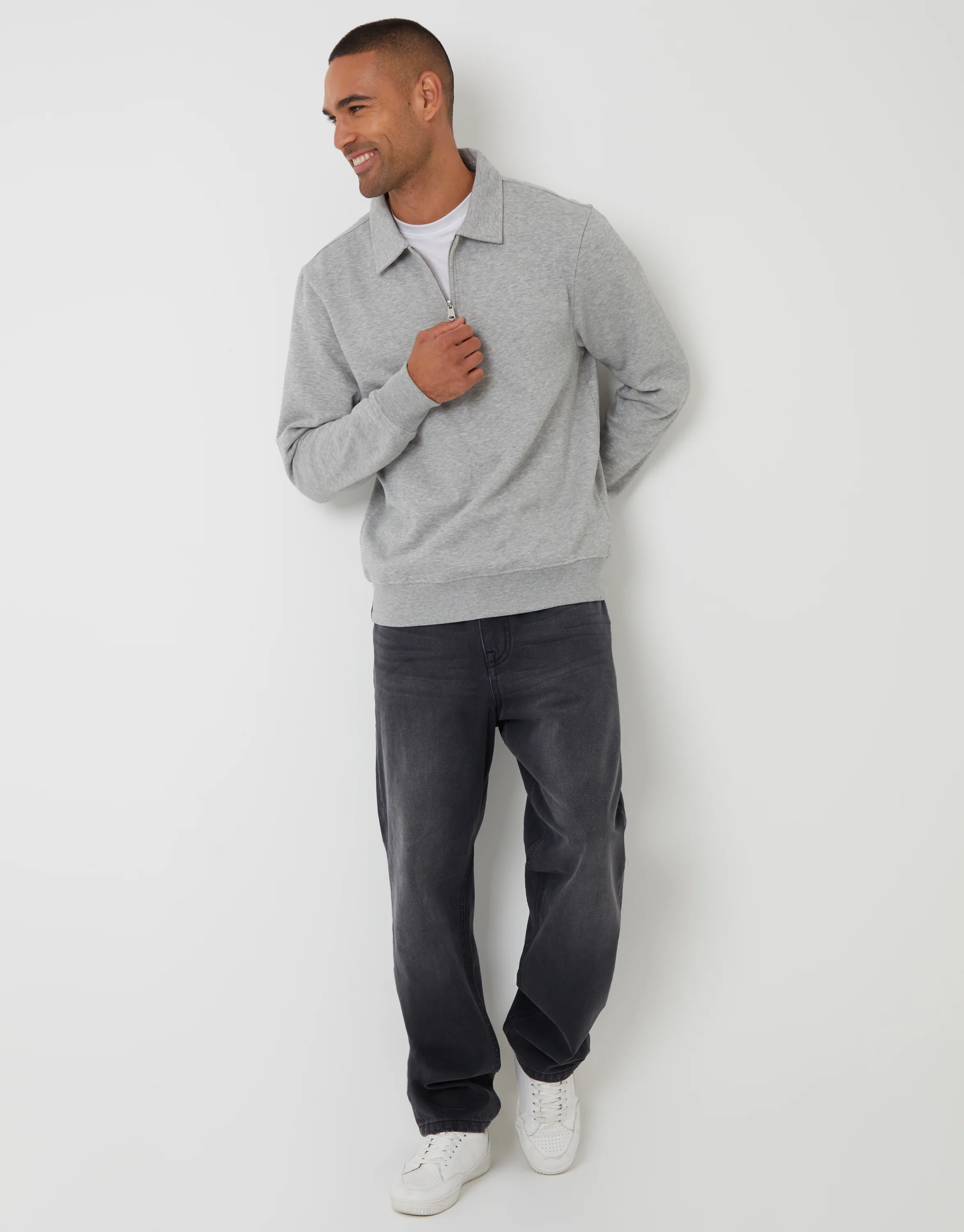 Quarter Zip Collared Sweatshirt in Grey Marl - Image 3