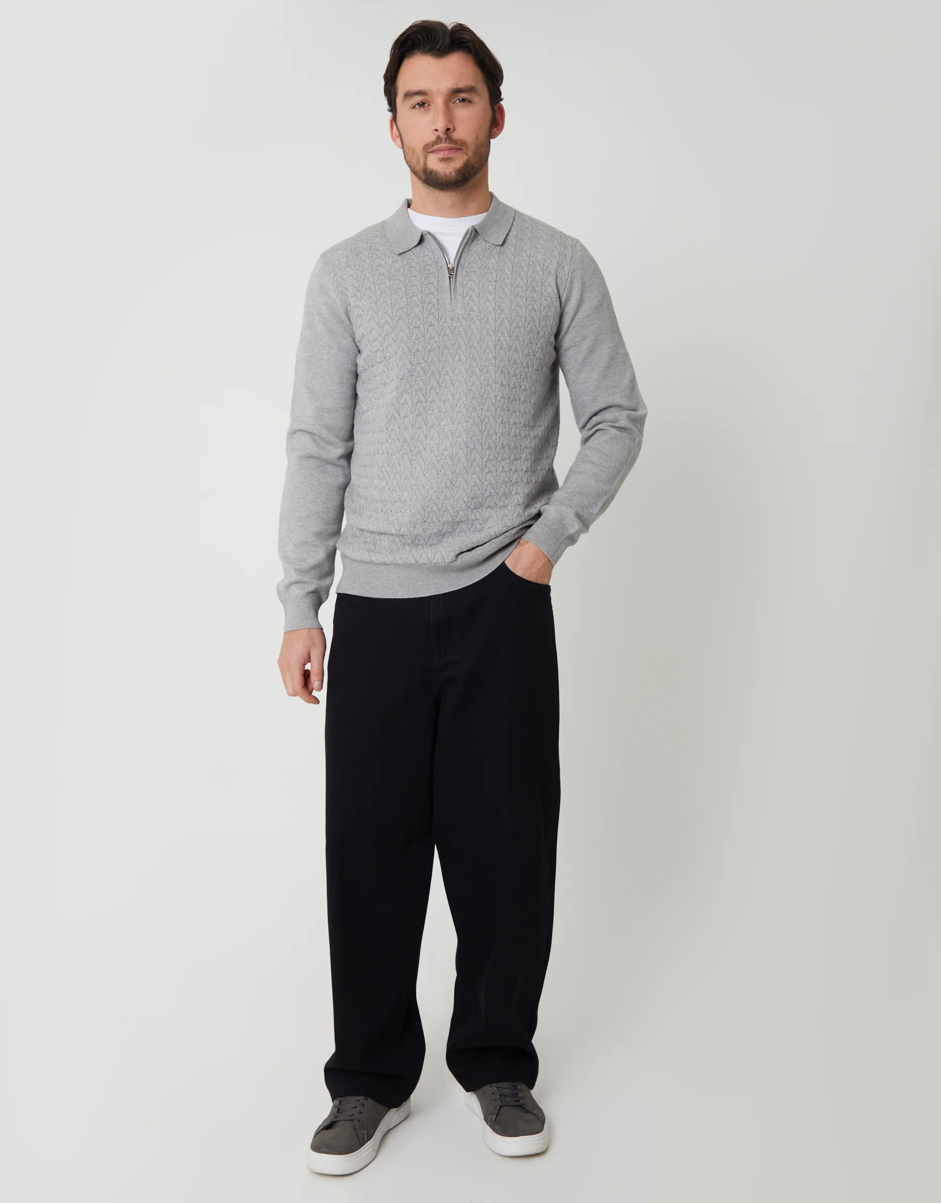 Textured Knit Quarter Zip Polo Jumper in Grey Marl - Image 3