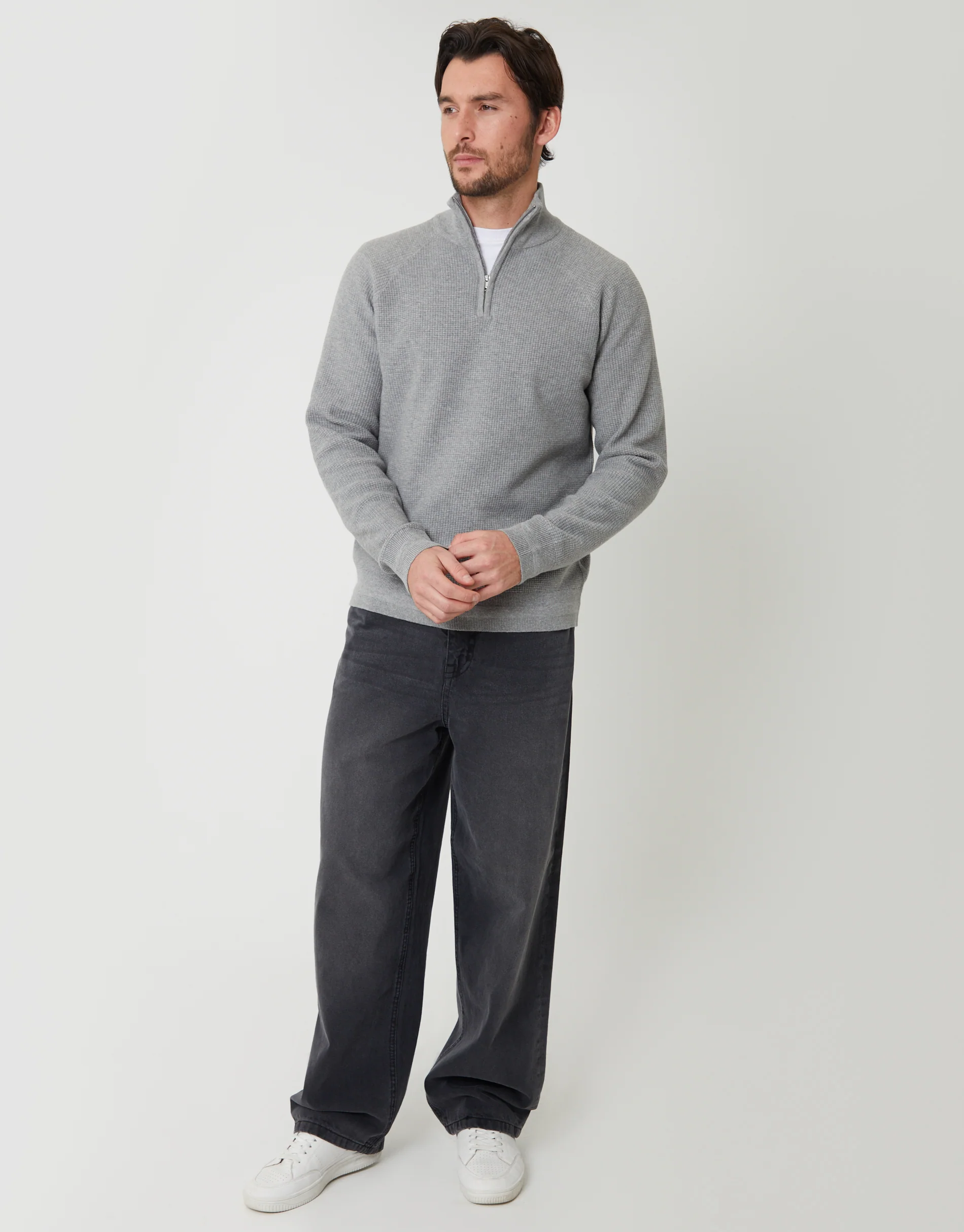 Waffle Knit Raglan Quarter Zip Jumper in Grey Marl - Image 3