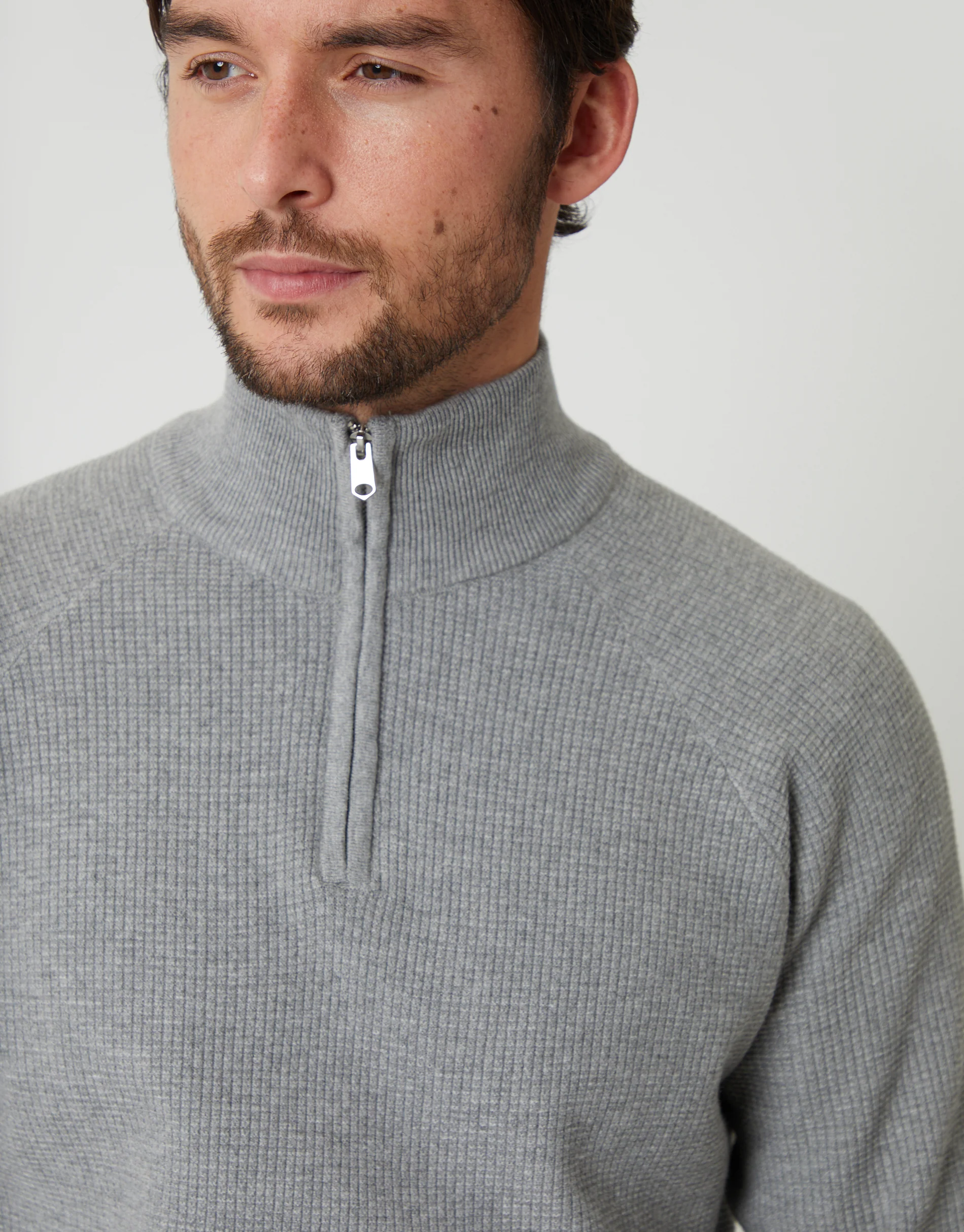 Waffle Knit Raglan Quarter Zip Jumper in Grey Marl - Image 4