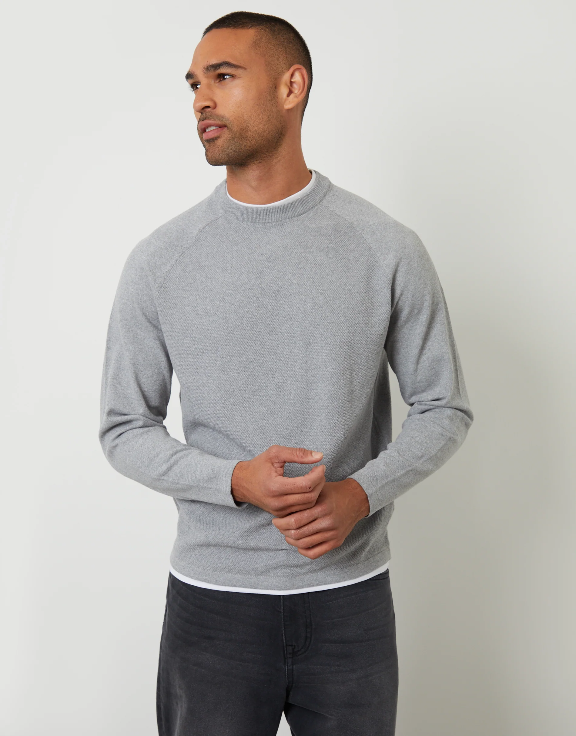 Mock Tee Textured Knit Crew Neck Jumper in Grey