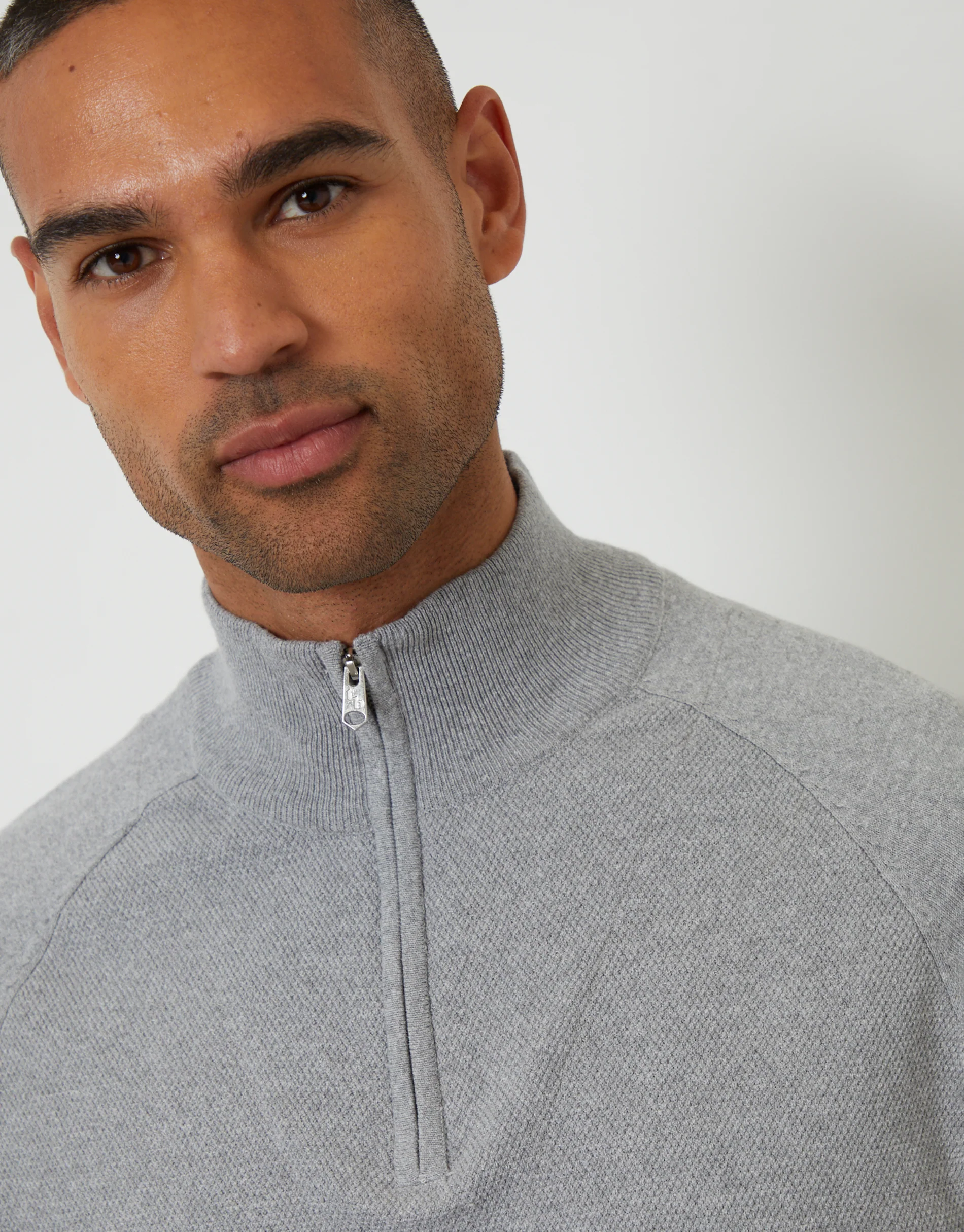 Mock Tee Textured Knit Quarter Zip Jumper in Grey - Image 4