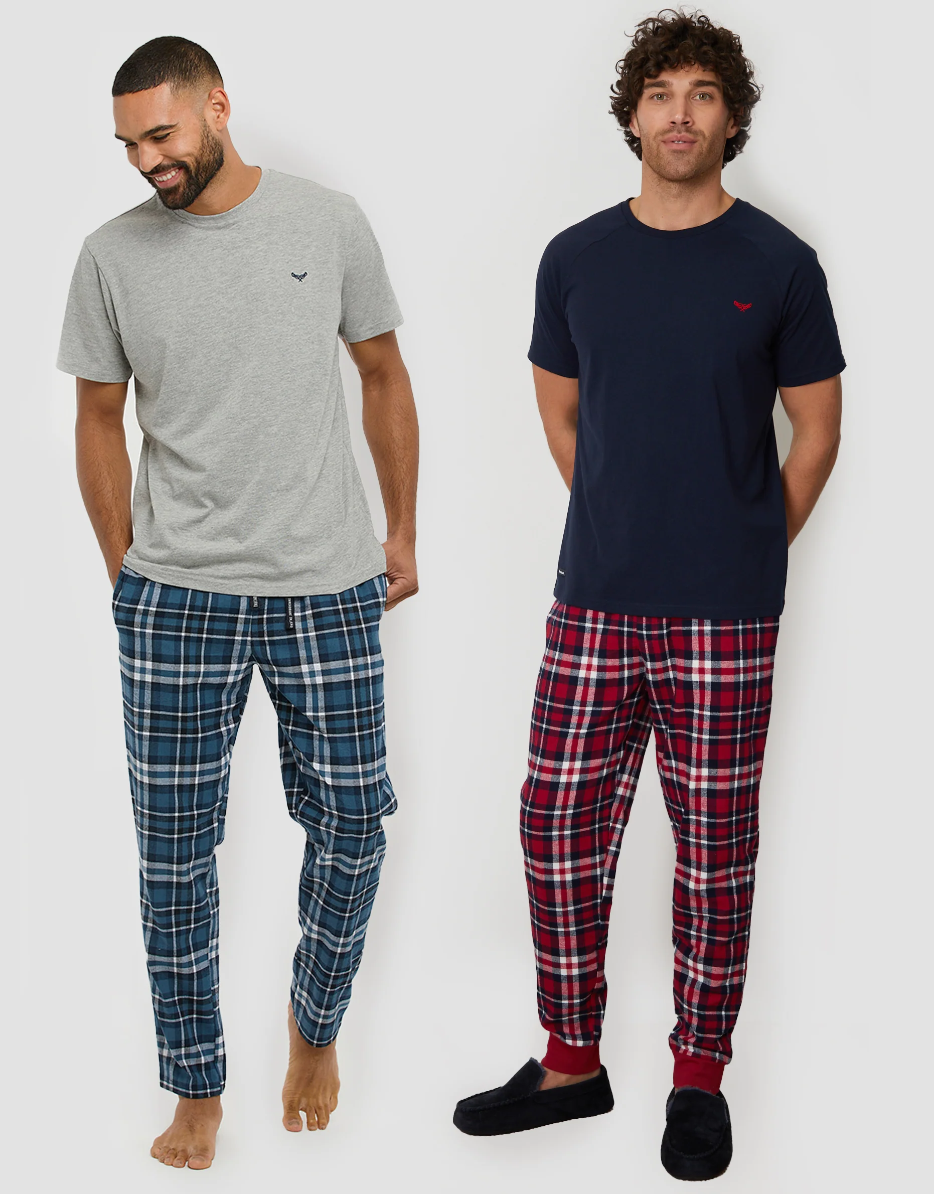 2 Pack Short Sleeve T-Shirt & Pants Pyjama Sets in Grey & Navy Check