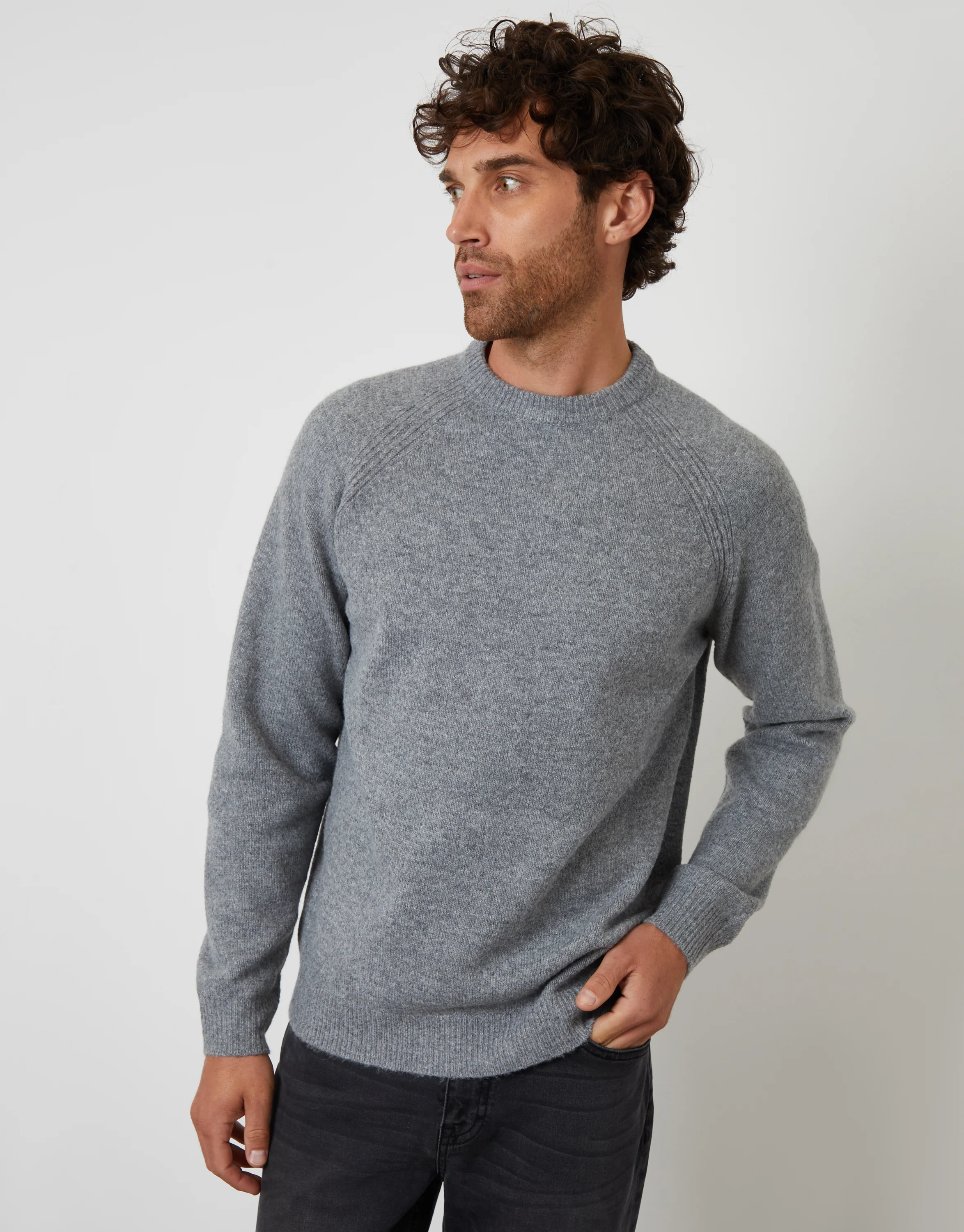 Raglan Rib Knitted Crew Neck Jumper in Grey - Image 2