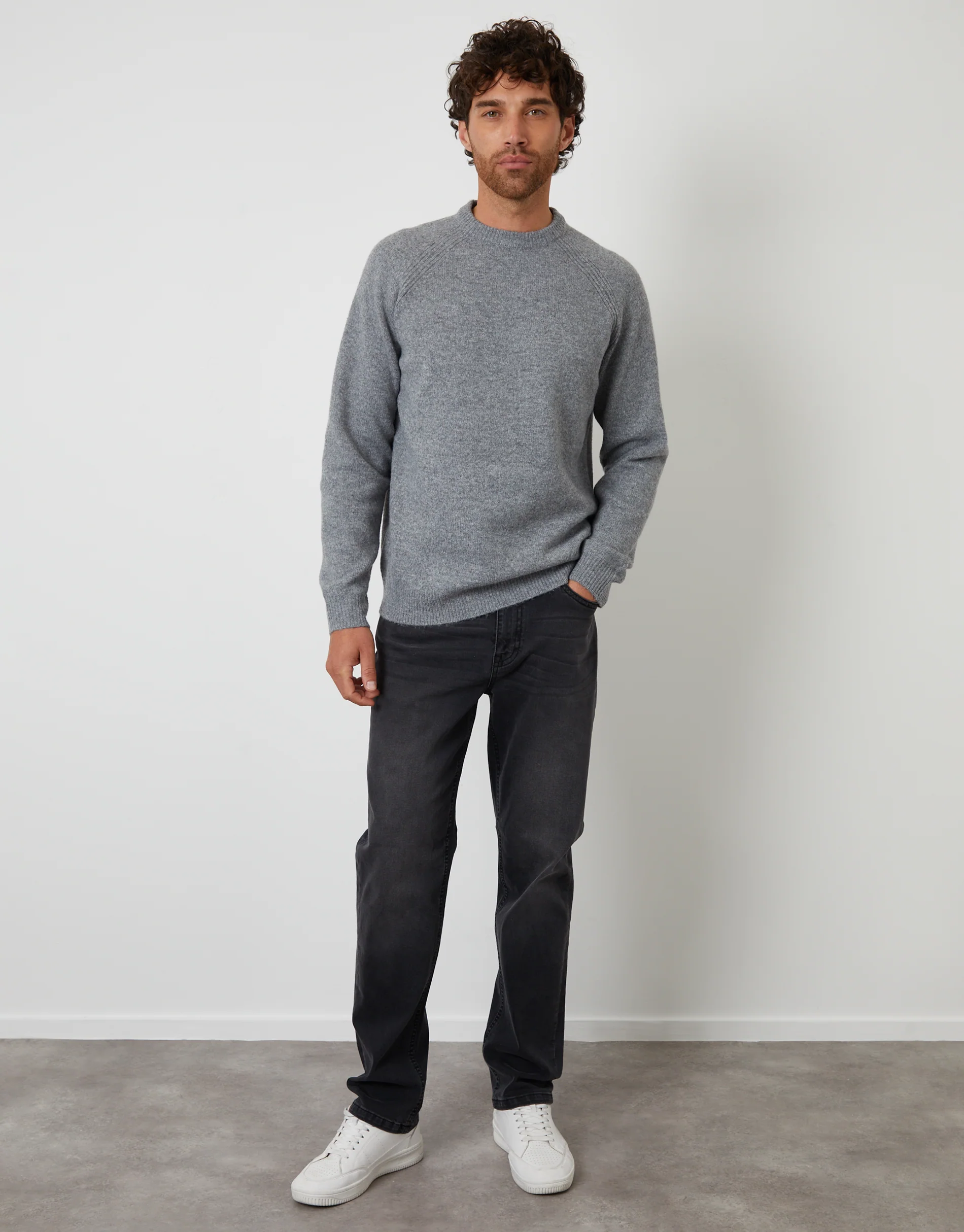 Raglan Rib Knitted Crew Neck Jumper in Grey - Image 4