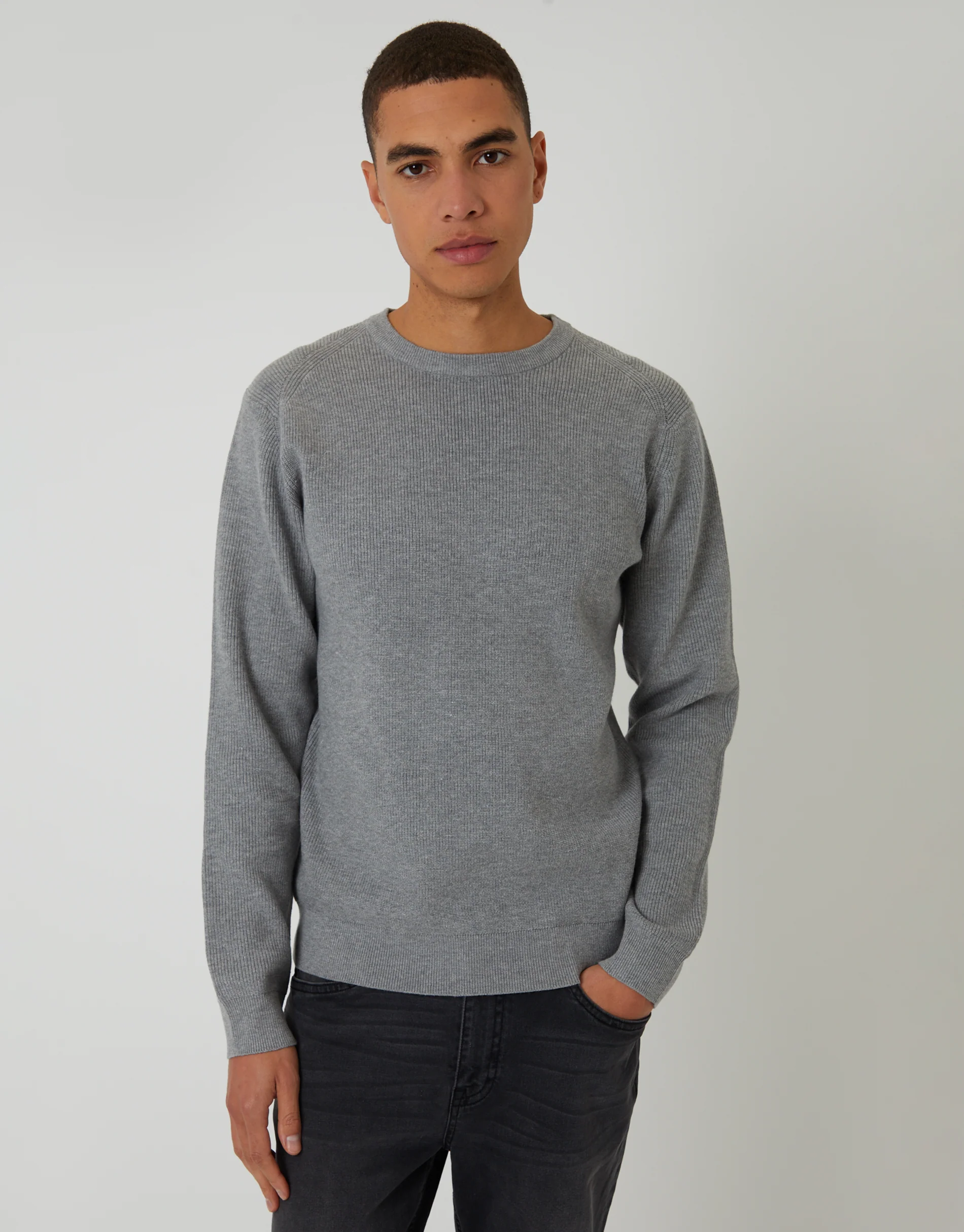 Rib Knit Crew Neck Jumper in Grey