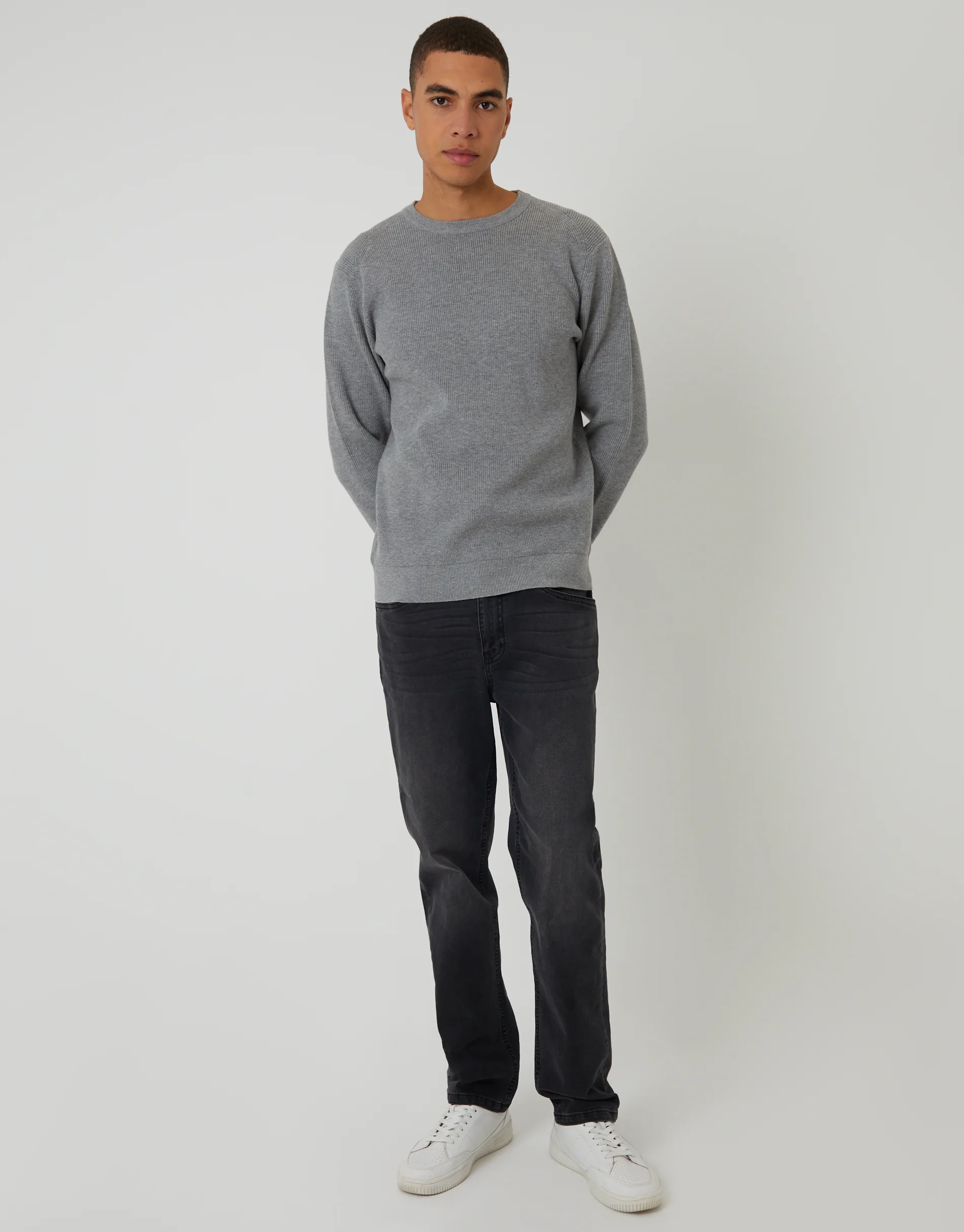 Rib Knit Crew Neck Jumper in Grey - Image 3