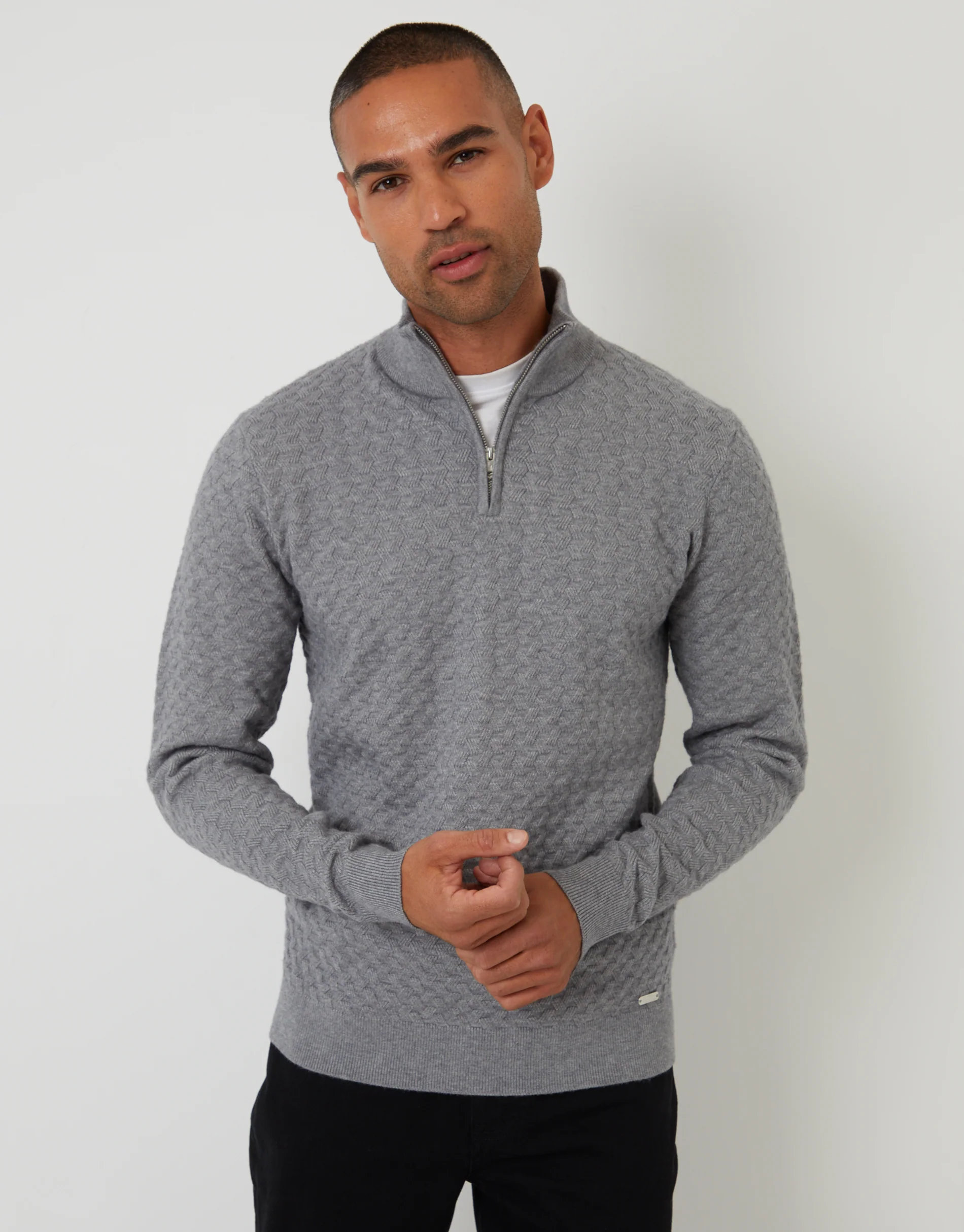 Textured Cable Knit Quarter Zip Jumper in Grey
