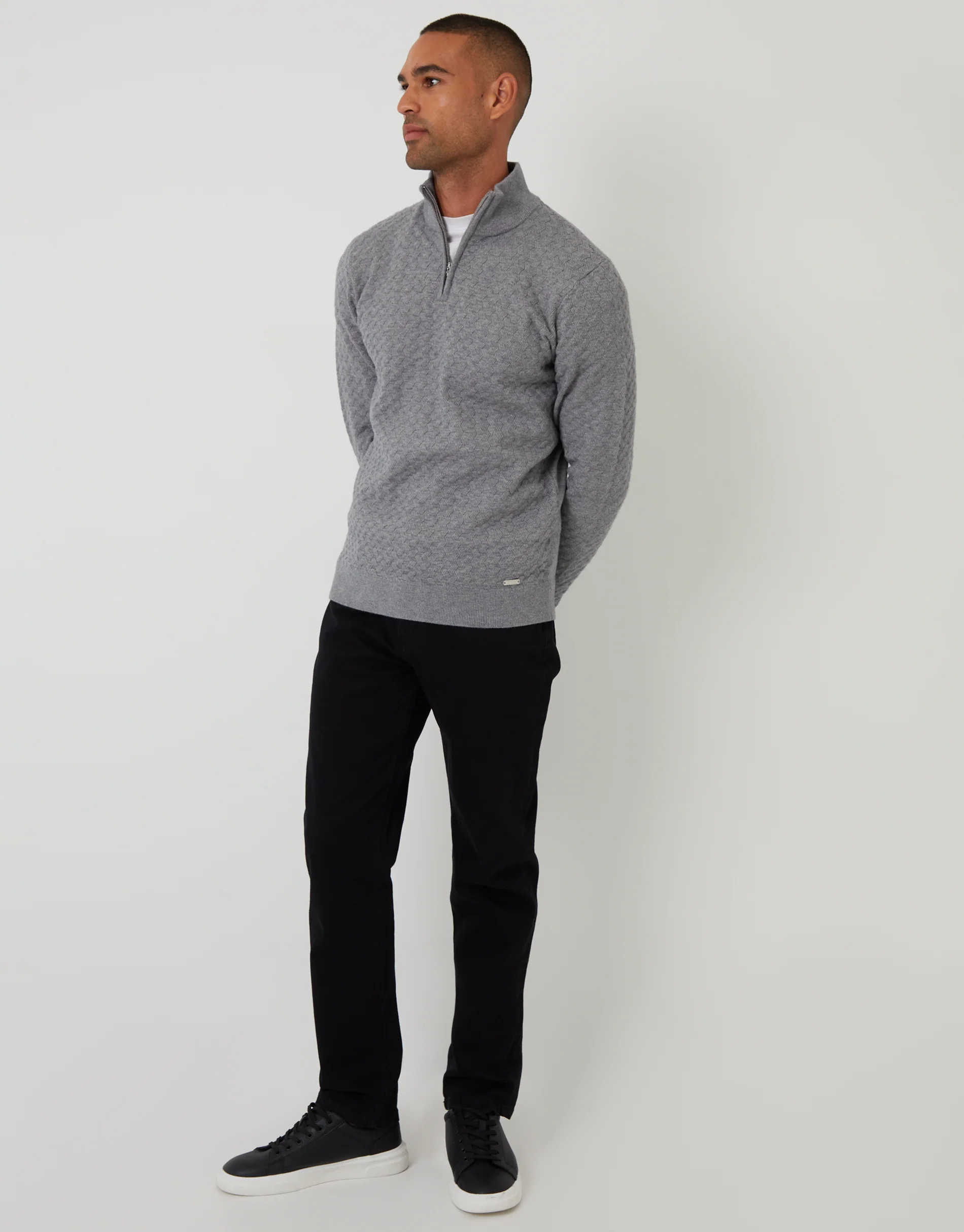 Textured Cable Knit Quarter Zip Jumper in Grey - Image 3
