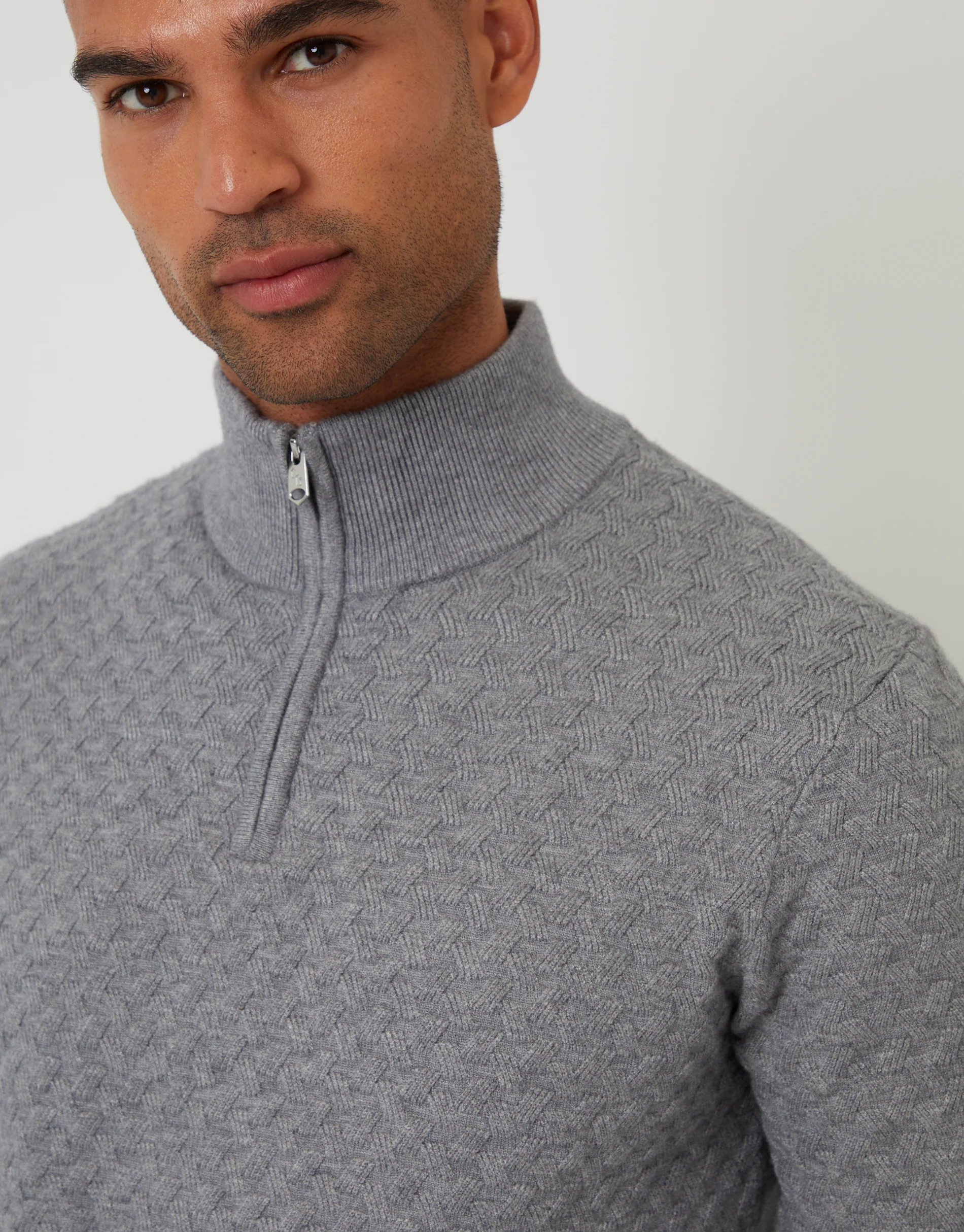 Textured Cable Knit Quarter Zip Jumper in Grey - Image 4