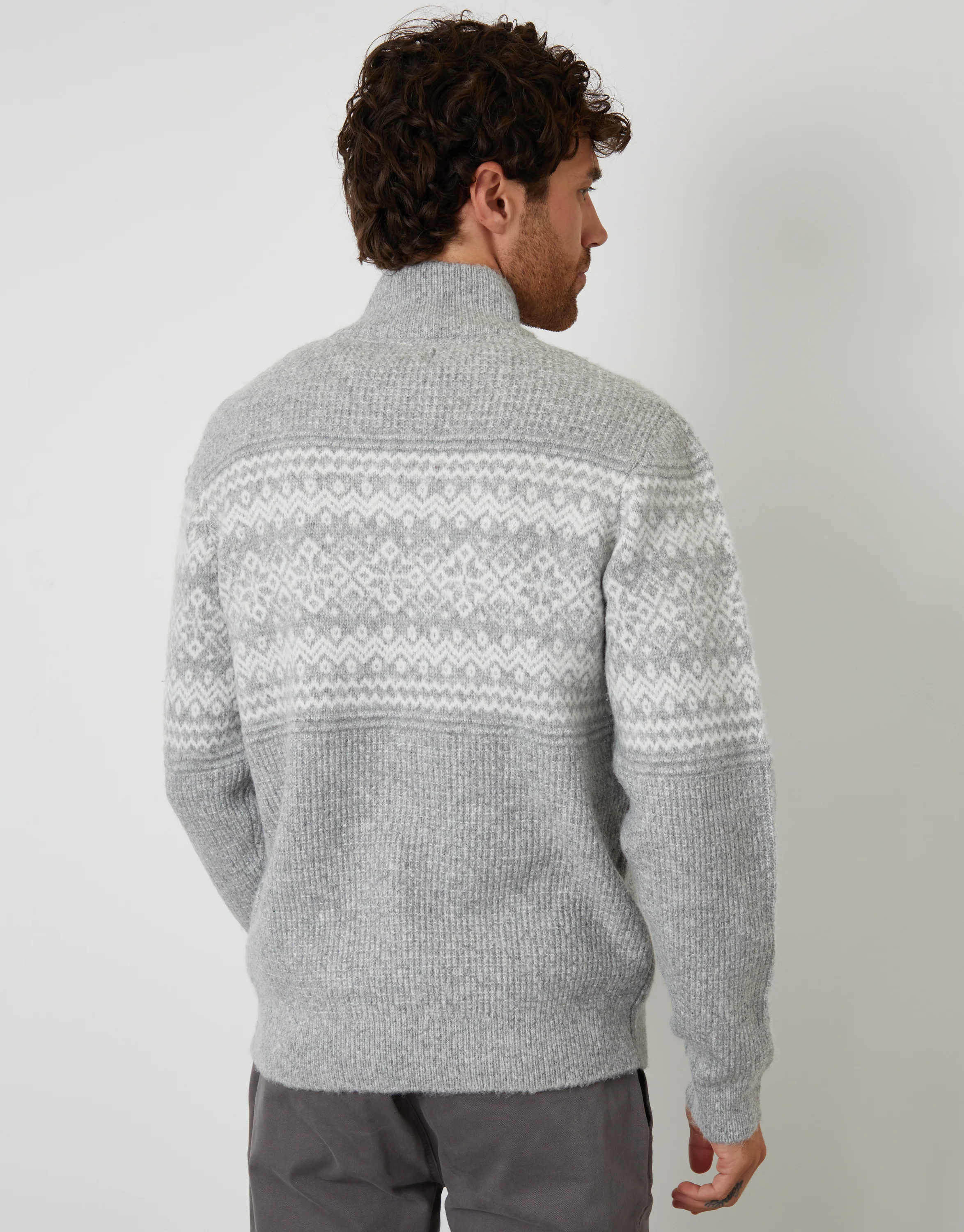 Textured Knitted Fairisle Quarter Zip Jumper in Grey - Image 2