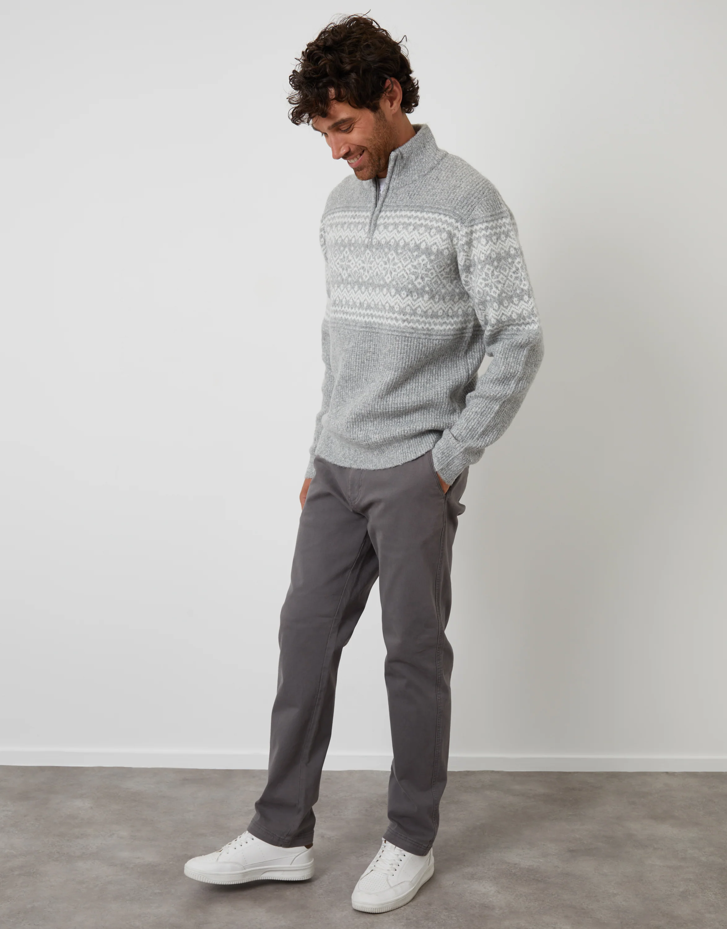 Textured Knitted Fairisle Quarter Zip Jumper in Grey - Image 3