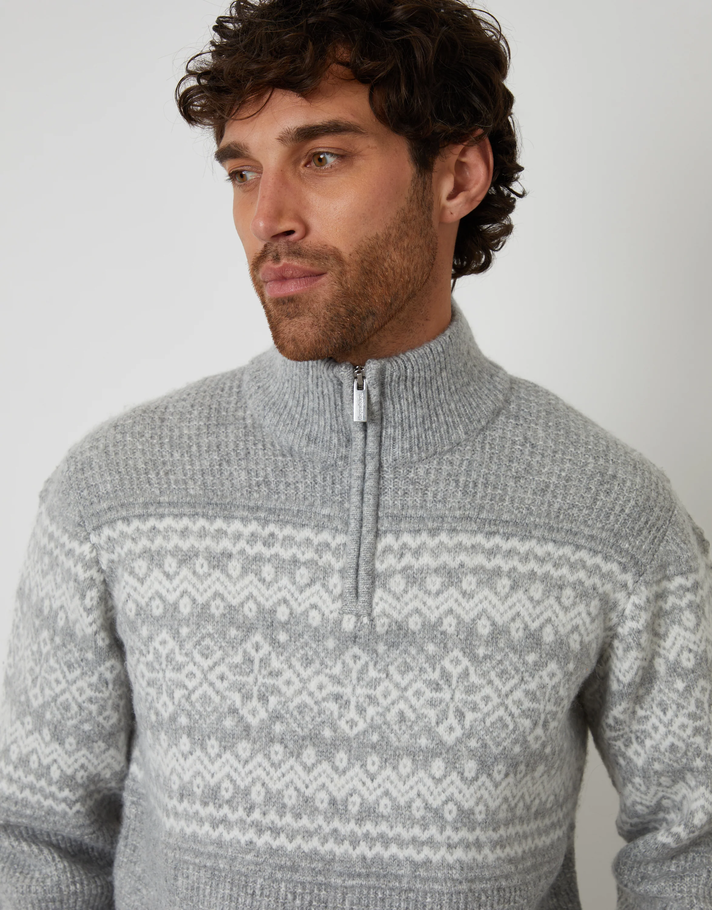 Textured Knitted Fairisle Quarter Zip Jumper in Grey - Image 4
