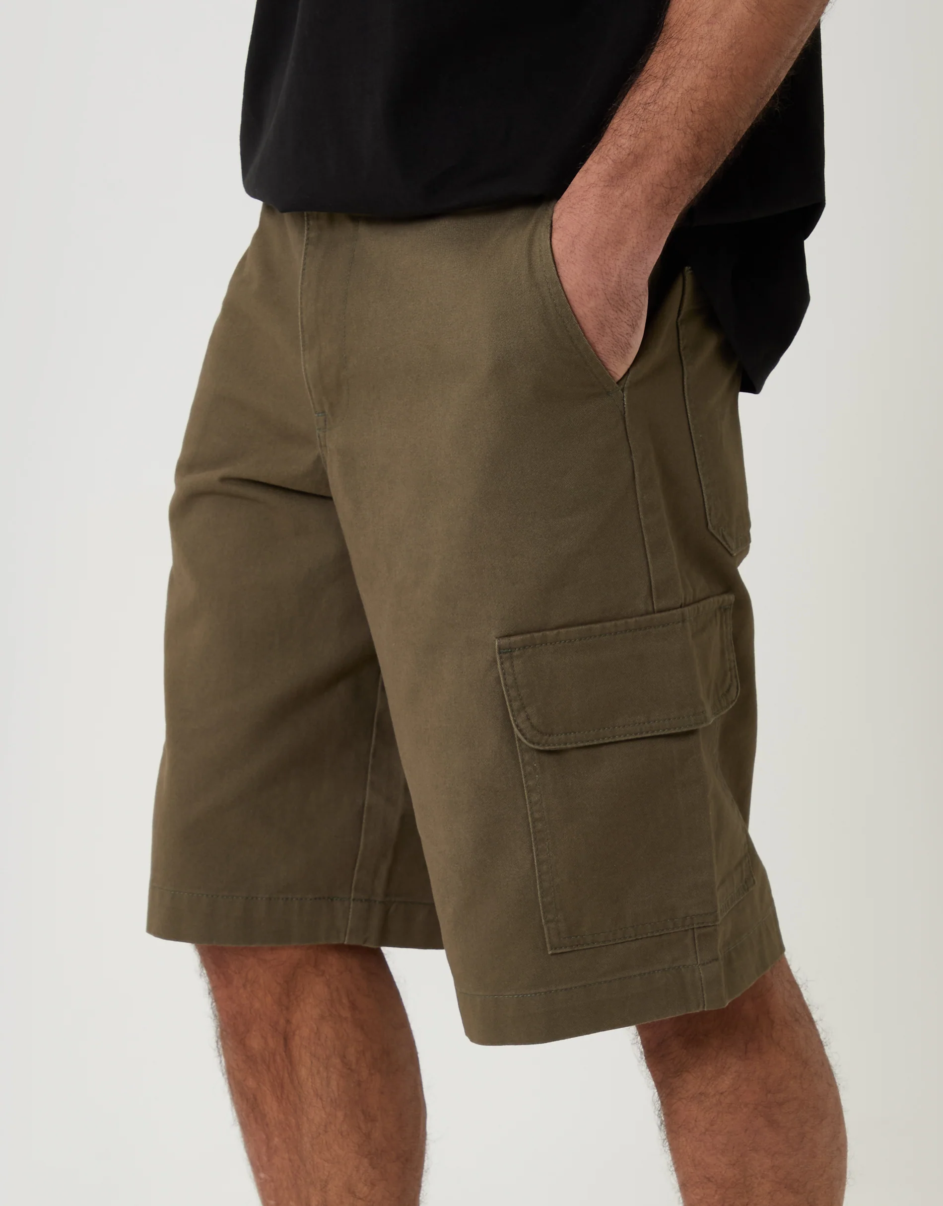Baggy Fit Cotton Cargo Shorts in Khaki Green - Image 2