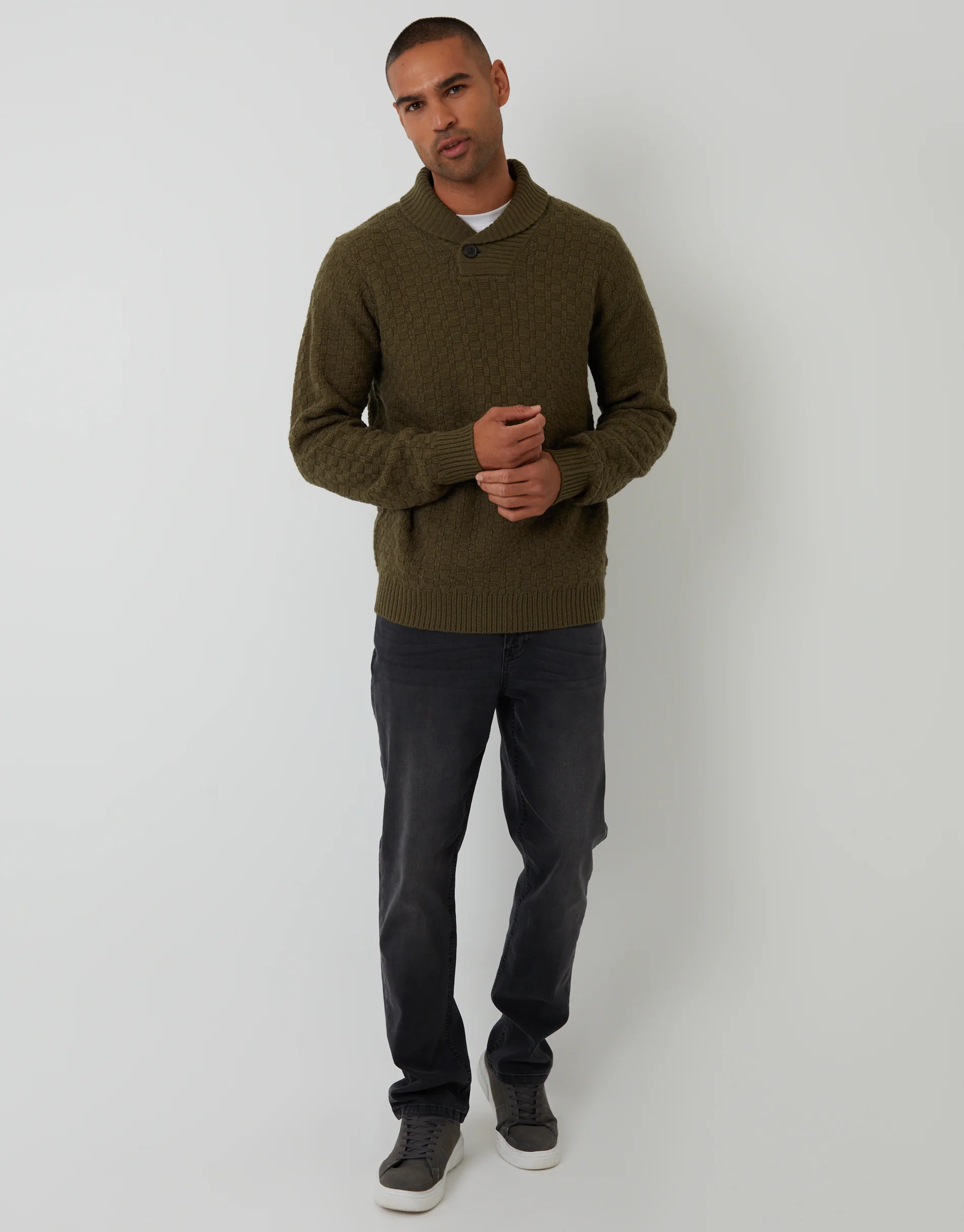Basket Stitch Knitted Shawl Neck Jumper in Khaki Green - Image 3